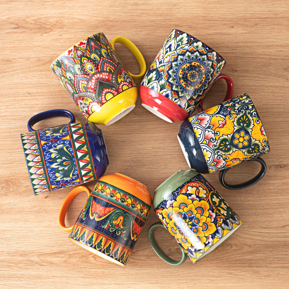 Henten Home Porcelain Coffee Mug Set of 6, 14 oz Colorful Latte Cup with Handle, Boho Ceramci Mug for Hot Chocolate, Milk, Tea, Cappuccino, Cocoa, Microwave & Dishwasher Safe