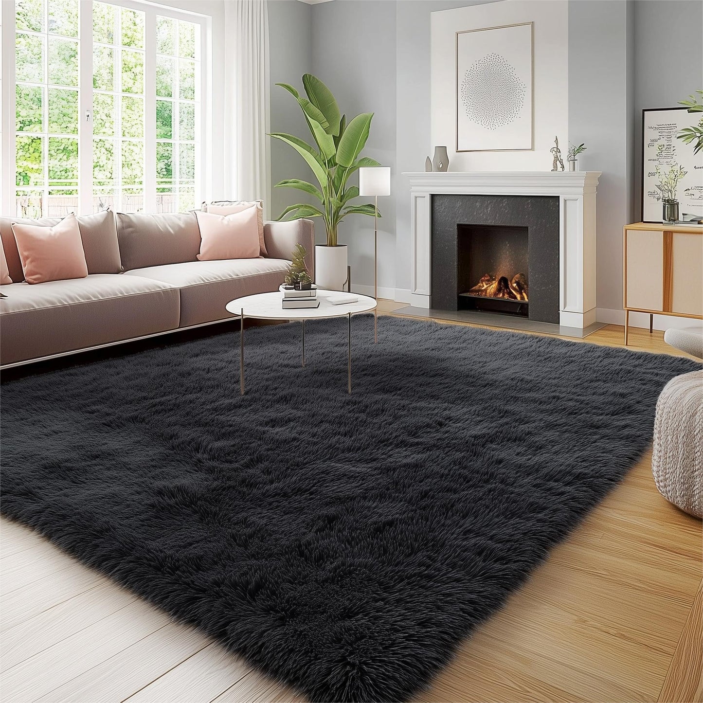 OLANLY Fluffy Area Rug for Living Room Bedroom, 4x5.9 Feet Soft Shaggy Non-Slip Carpet, Indoor Modern Plush Area Rugs for Kids Girls and Boys, Dorms, Nursery Rooms, Home Decor, Black