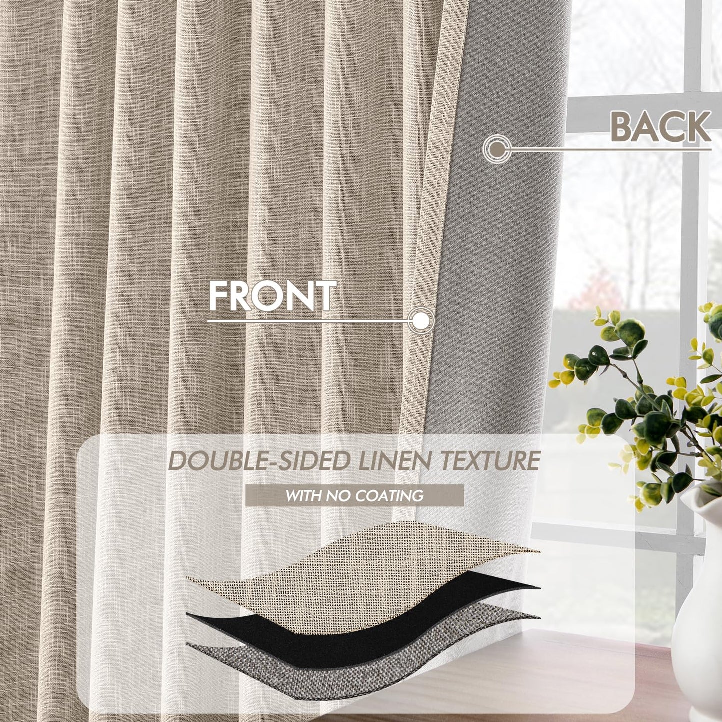 MIULEE 100% Blackout Linen Curtains 94 Inch Long 2 Panels Set for Bedroom,Double Sided Pleated Back Tab Thermal Insulated Black Out Drapes for Living Room Darkening Pinch Pleat Window Curtains, Beige