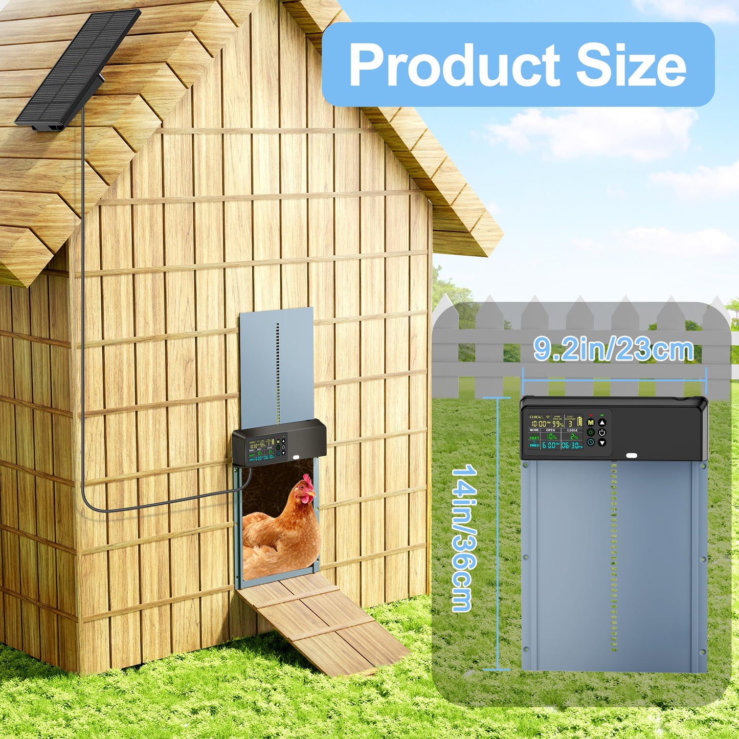 Tiflev Automatic Chicken Coop Door Solar Powered with Programmable Remote, 4 Modes Combo Light and Timer Aluminum Chicken Door with LCD Color Display