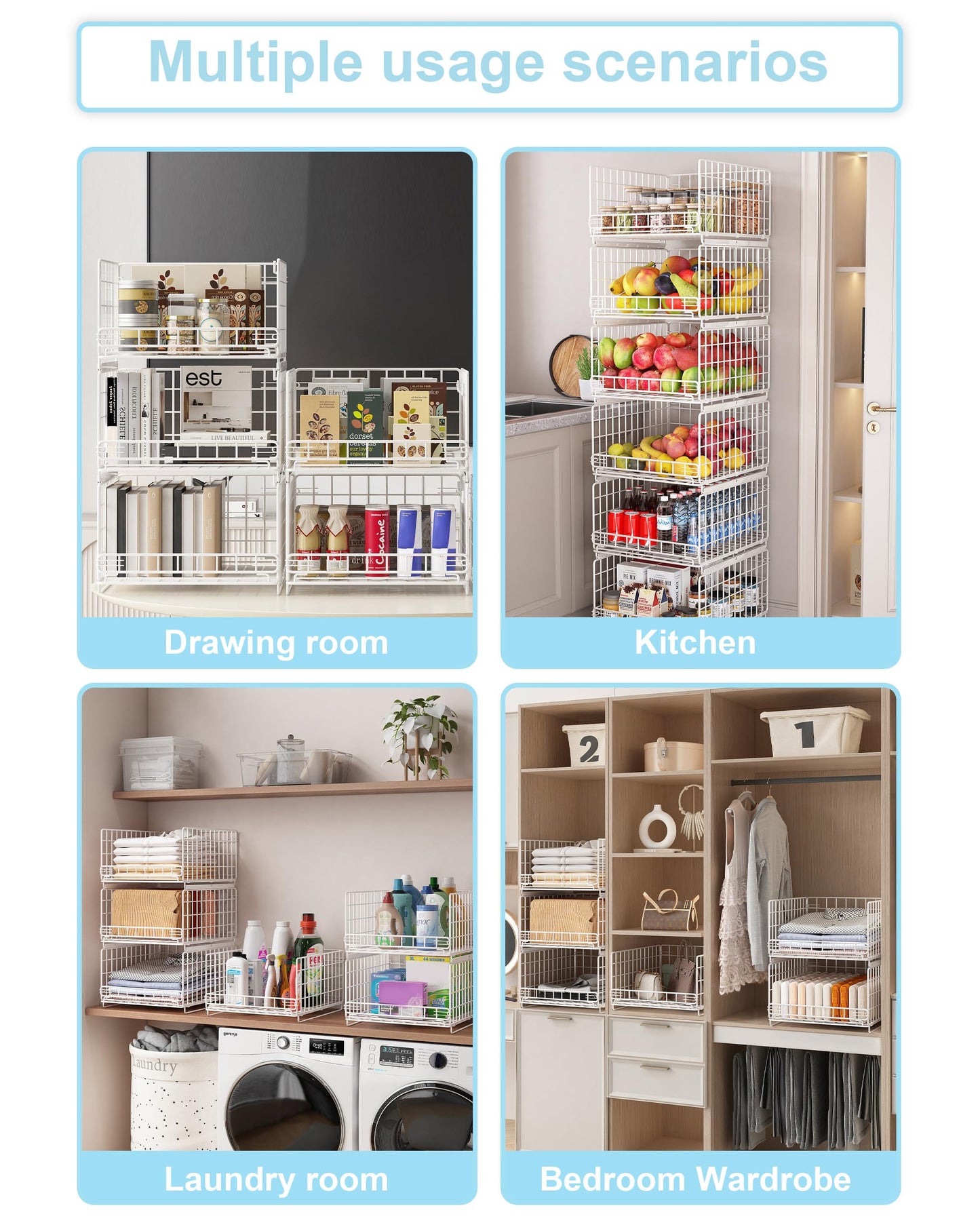 UMDONX 3 Pack Pull out Closet Storage Organizer Drawer Stackable Clothes Bins, Wardrobe Clothing Basket Rack Cupboard Cabinet Wire Shelf, Durable Metal White, Load 50LBS