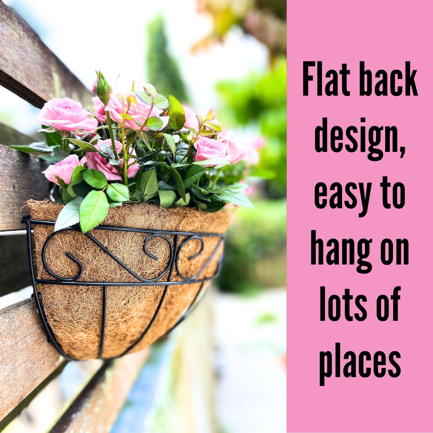 LaLaGreen Wall Mounted Flower Baskets (4 Pack 16 Inch) Large Railing Planter Deck Rail Hanging Plant Pots Holders with Coco Liner Outdoor, Metal Herb Fence Porch Balcony Garden Patio Window Box Trough