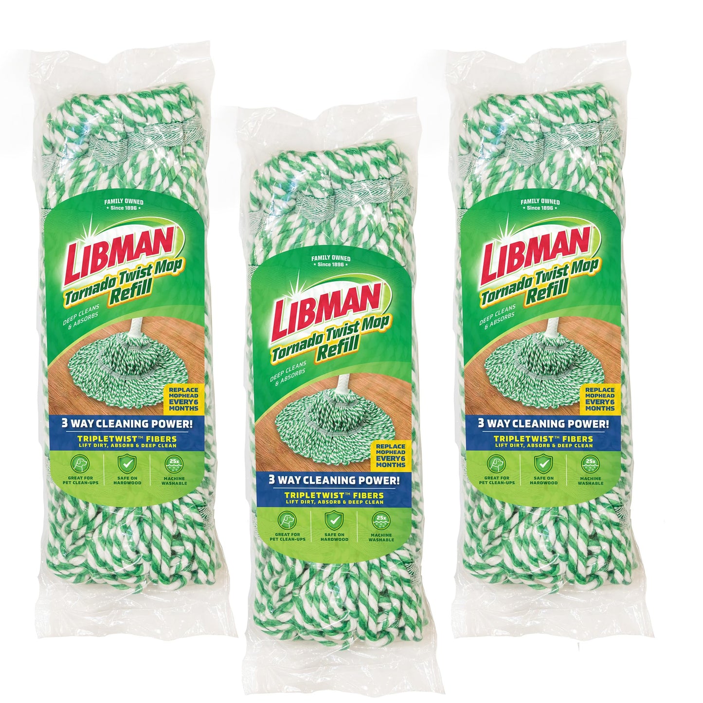 Libman Tornado Mop Refill, Direct Replacement Head for Libman Self Wringing Twist Mop, Cotton, Machine Washable, 3 Pack