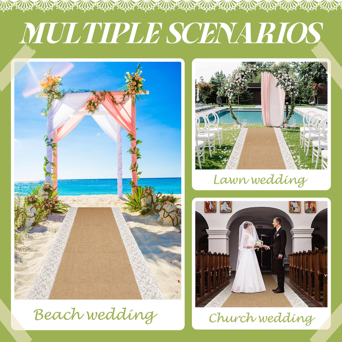 20 Ft x 36 in Natural Burlap Wedding Aisle Runner, Rustic Jute Weddings Runway Carpet with Lace, Ceremony Burlap Carpet Roll for Beach Garden Church Reception Craft Decor