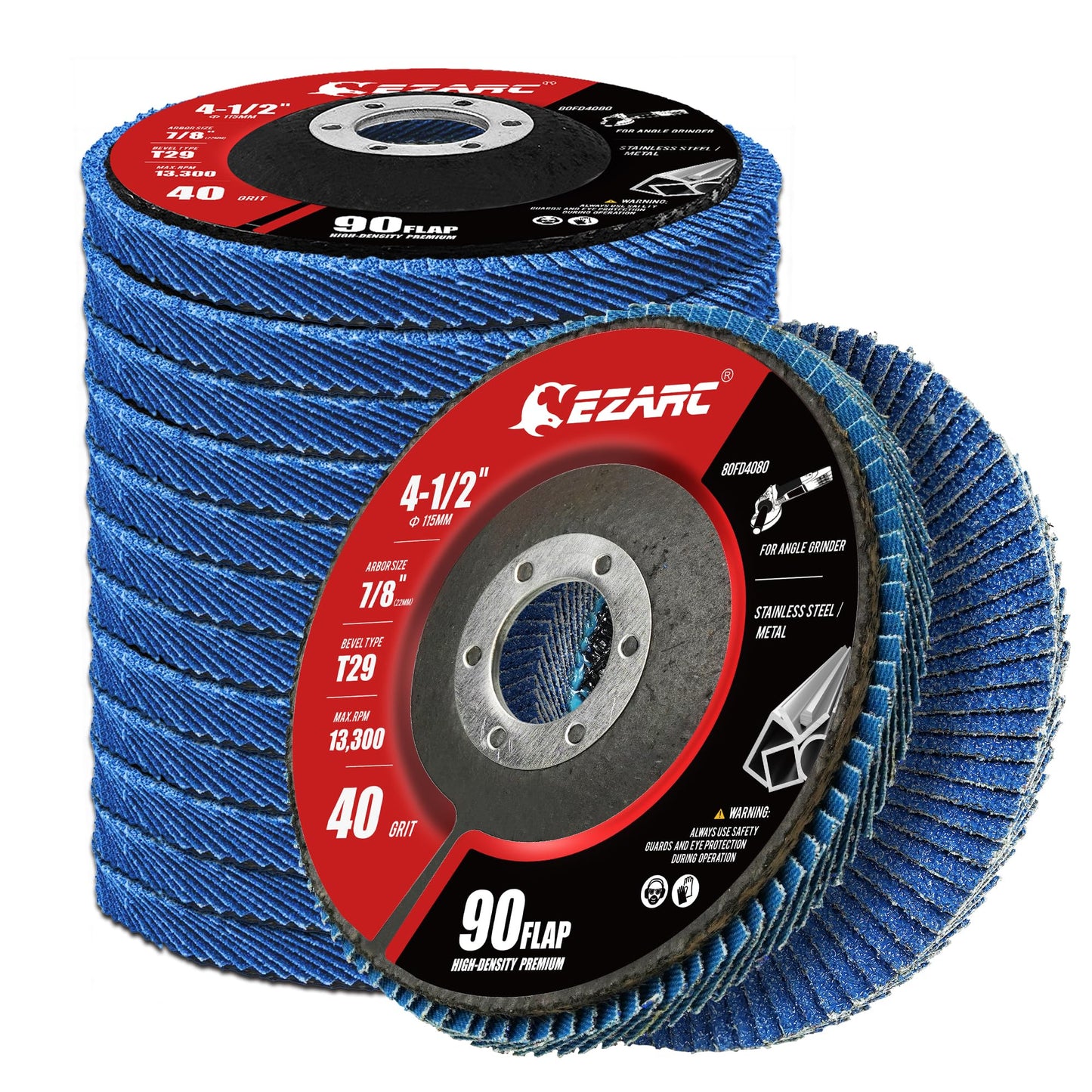 EZARC Flap Discs 40 Grit, 4 1/2 x 7/8-Inch High Density Flap Sanding Disc, Type 29 Zirconia Grinding Wheel for Stainless Steel, Sheet Metal 12 Pack