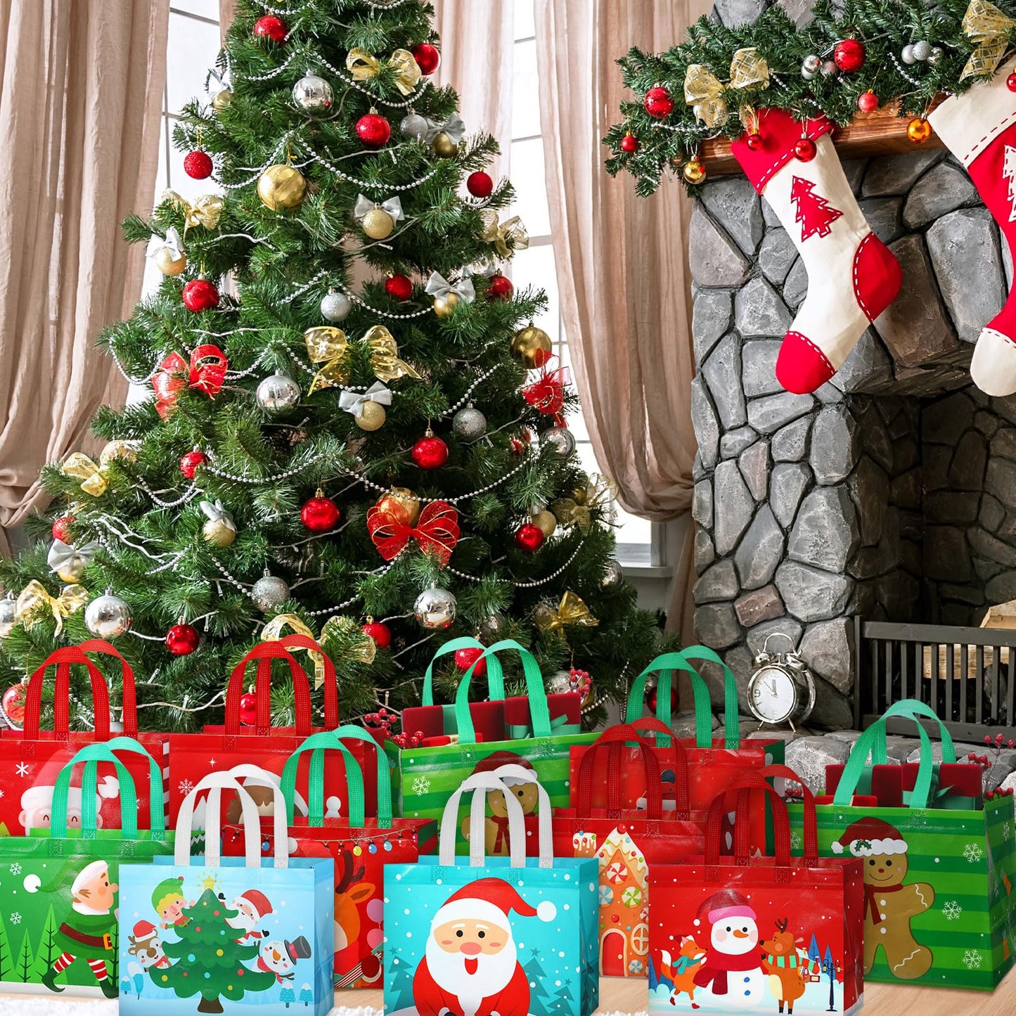 Abbylike 100 Pack Large Christmas Gift Bags Bulk Reusable Christmas Tote Bags with Handles Non Woven Shopping Baskets for Xmas Party Supplies, 12.8 x 9.8 x 6.7 Inch