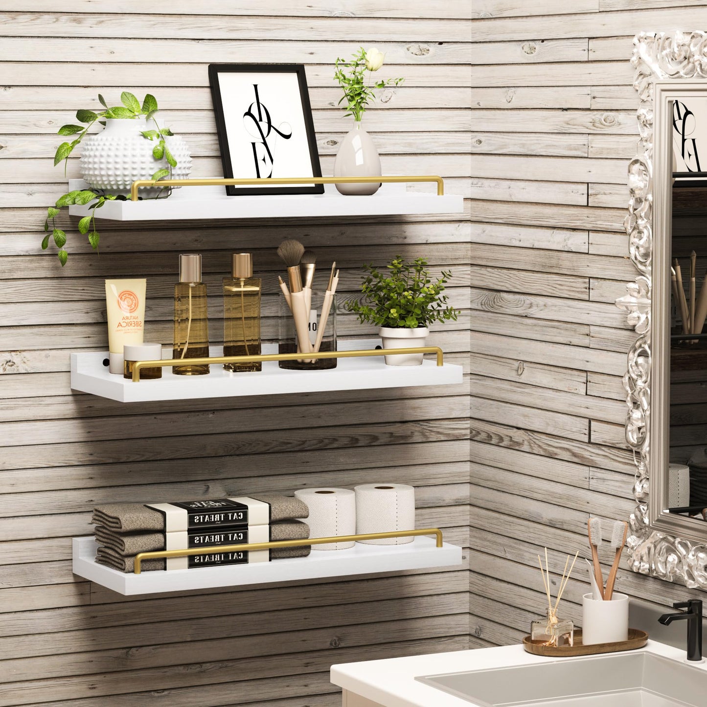 RYOFOBETTO Floating Shelves for Wall Decor, White and Gold Shelves for Bathroom, Living Room, Bedroom, Picture Frames, Plants, Kitchen (Set of 3)