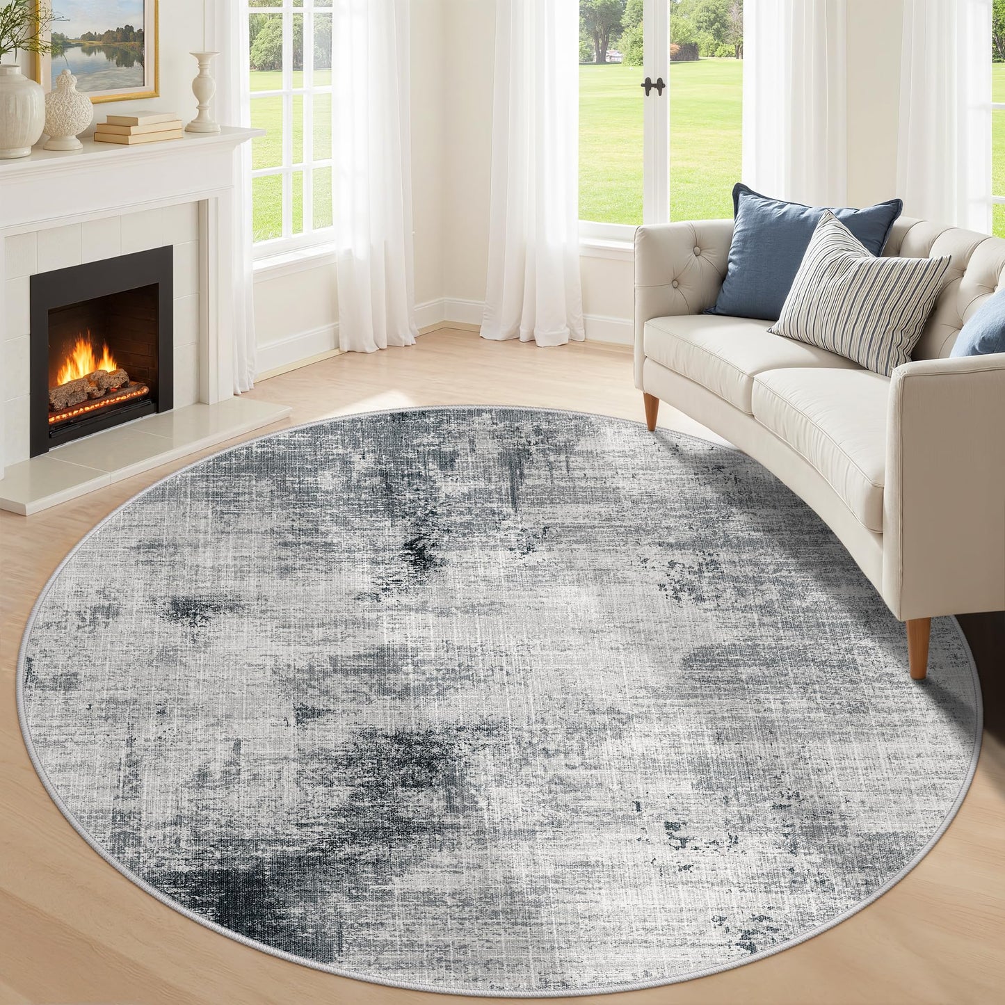 6ft Washable Round Rug - 6x6 Area Rugs Modern Abstract Rugs for Living Room Non-Slip Low Pile Soft Machine Washable Carpet for Bedroom, Living Room, Dining Room, Nursery, Farmhouse (6'x6' Dark Grey)