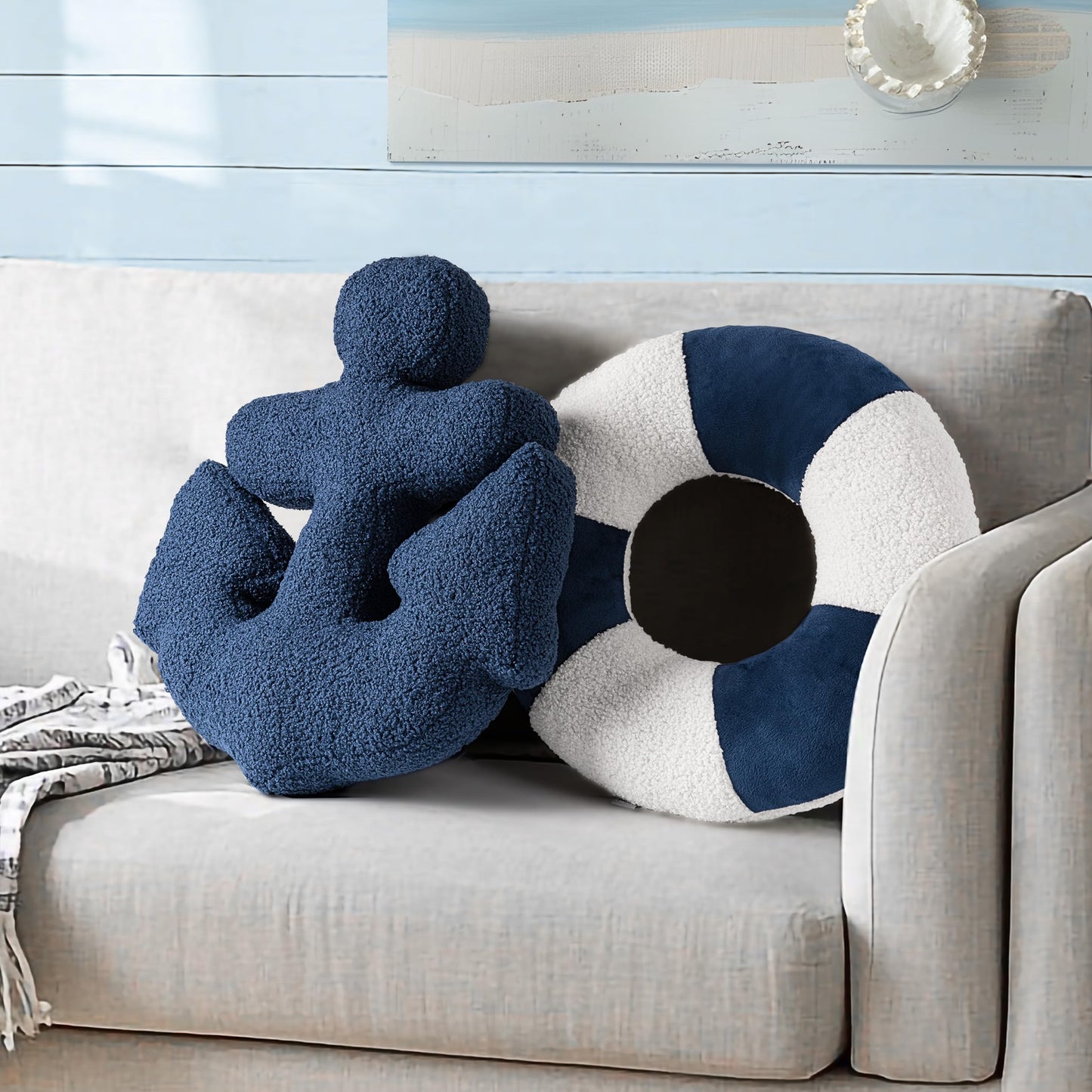 AELS 3D Anchor & Lifebuoy Nautical Throw Pillows, 19.6"& 15.7" Set of 2, Coastal Decor for Beach Enthusiasts Beach House, Ideal for Sofa Couch Living Room Bedroom and Nursery, Navy Blue and White