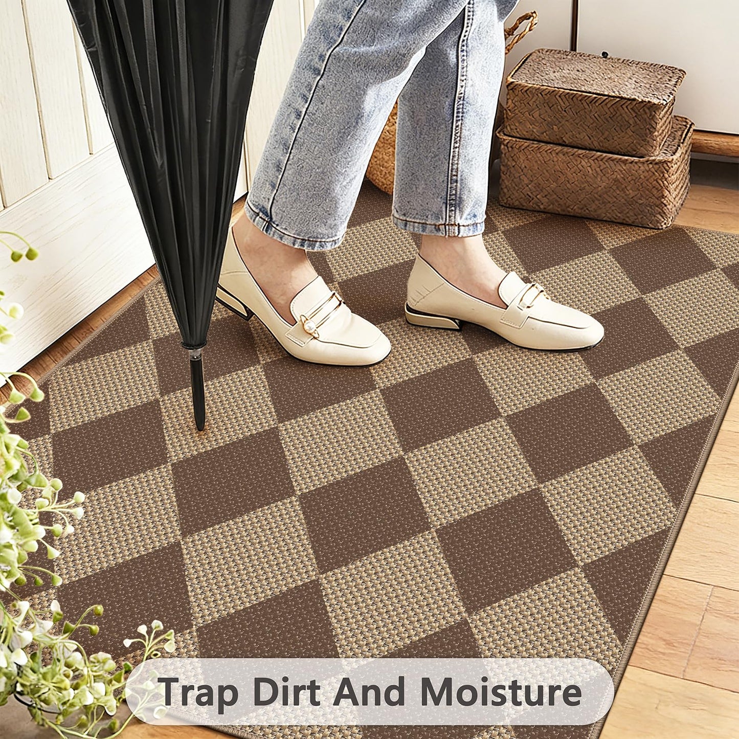 Capslpad Indoor Door Mat 32"x48",Non-Slip Checkered Front Door Mat Indoor,Easy Jute Low-Profile Entryway Mat,Mud Trapper Absorbent Inside Floor Mats Area Rug for Entrance Entry(Nature/Brown)
