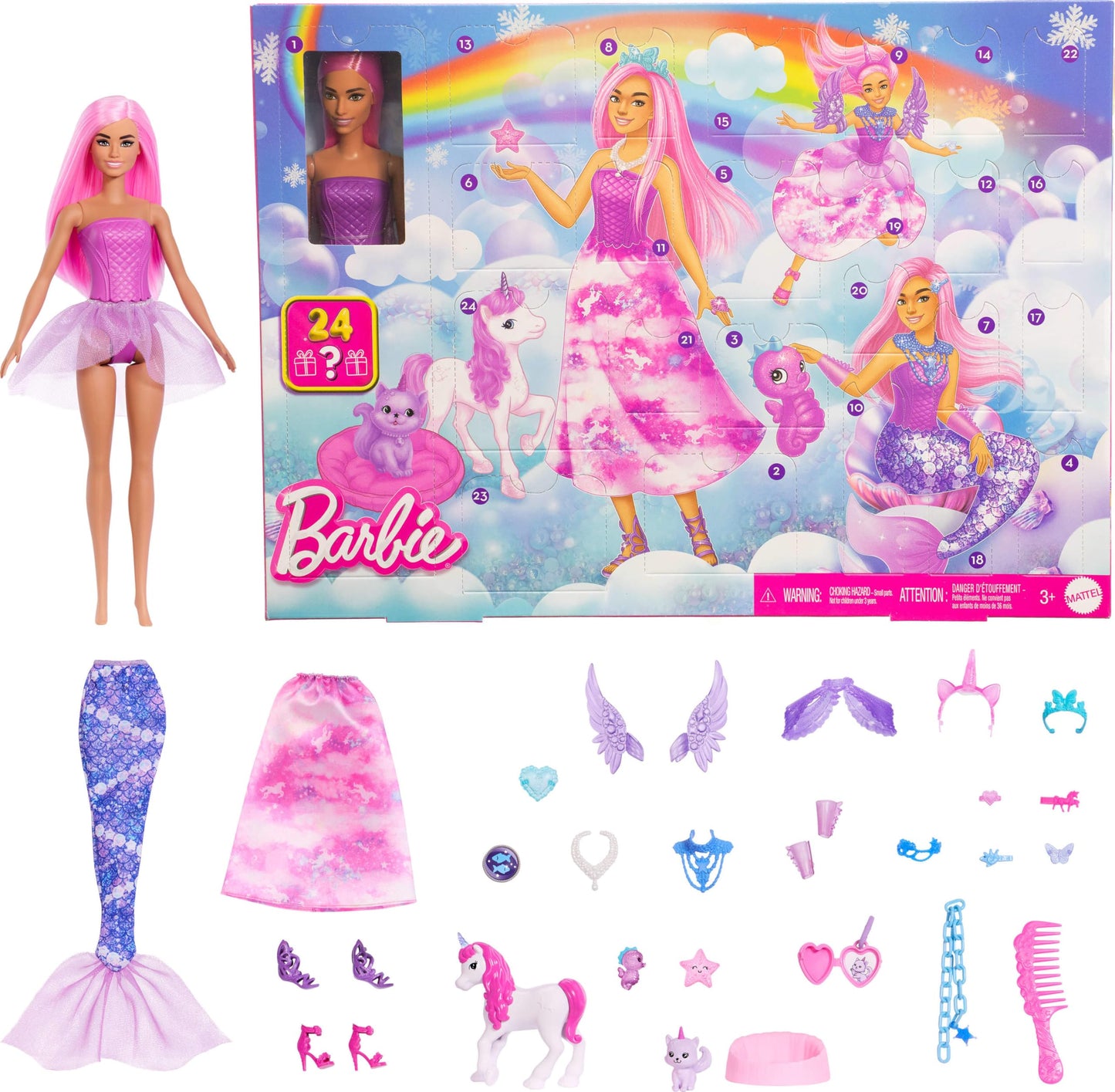 Barbie Advent Calendar with Doll & 24 Surprise Toy Accessories Including Unicorn & Pets, Transform Fashion Doll into Mermaid, Fairy & More