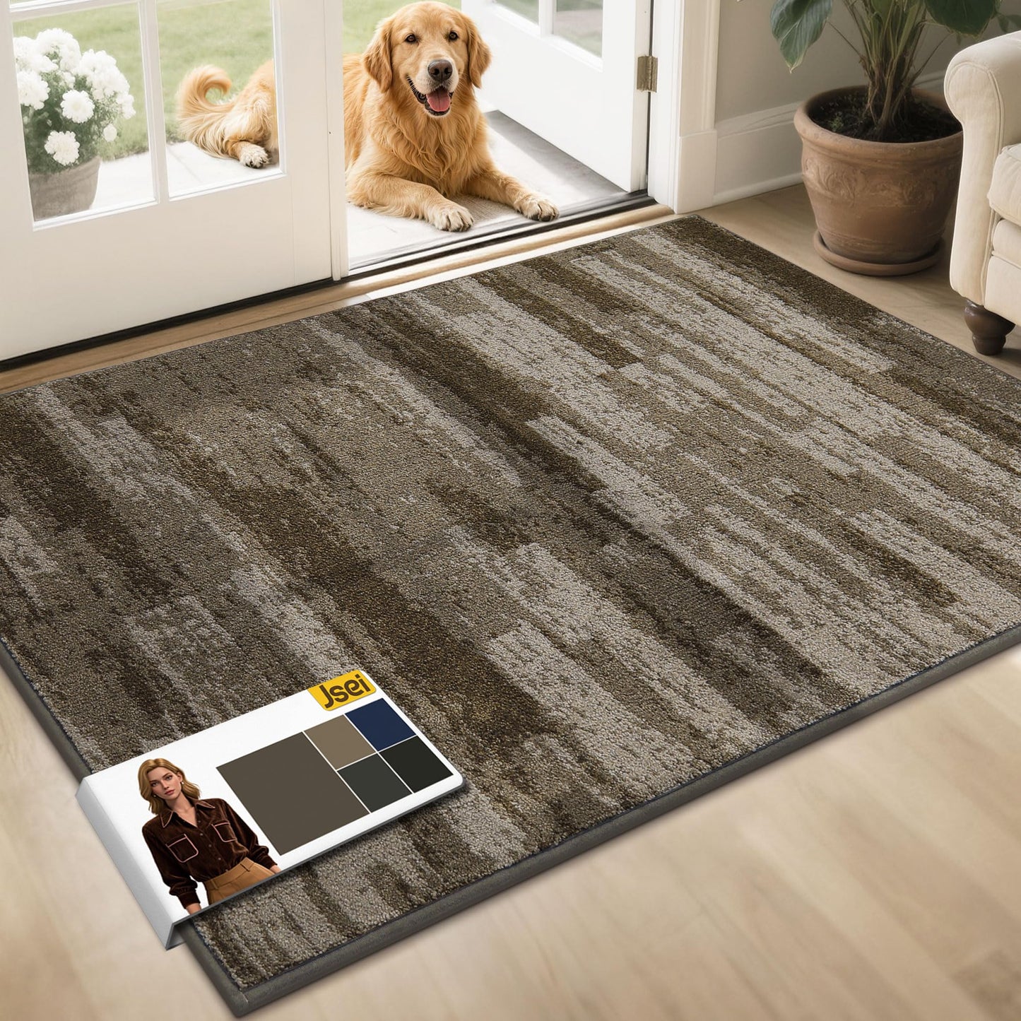 JSEI Dirt Trapper Door Mat 32"x48", Non-Slip Doormats Washable Entryway Mat, Welcome Floor Mat Absorbent Low Profile Dog Door Mats for Front Back Door, Wet Shoes & Paws, Brown