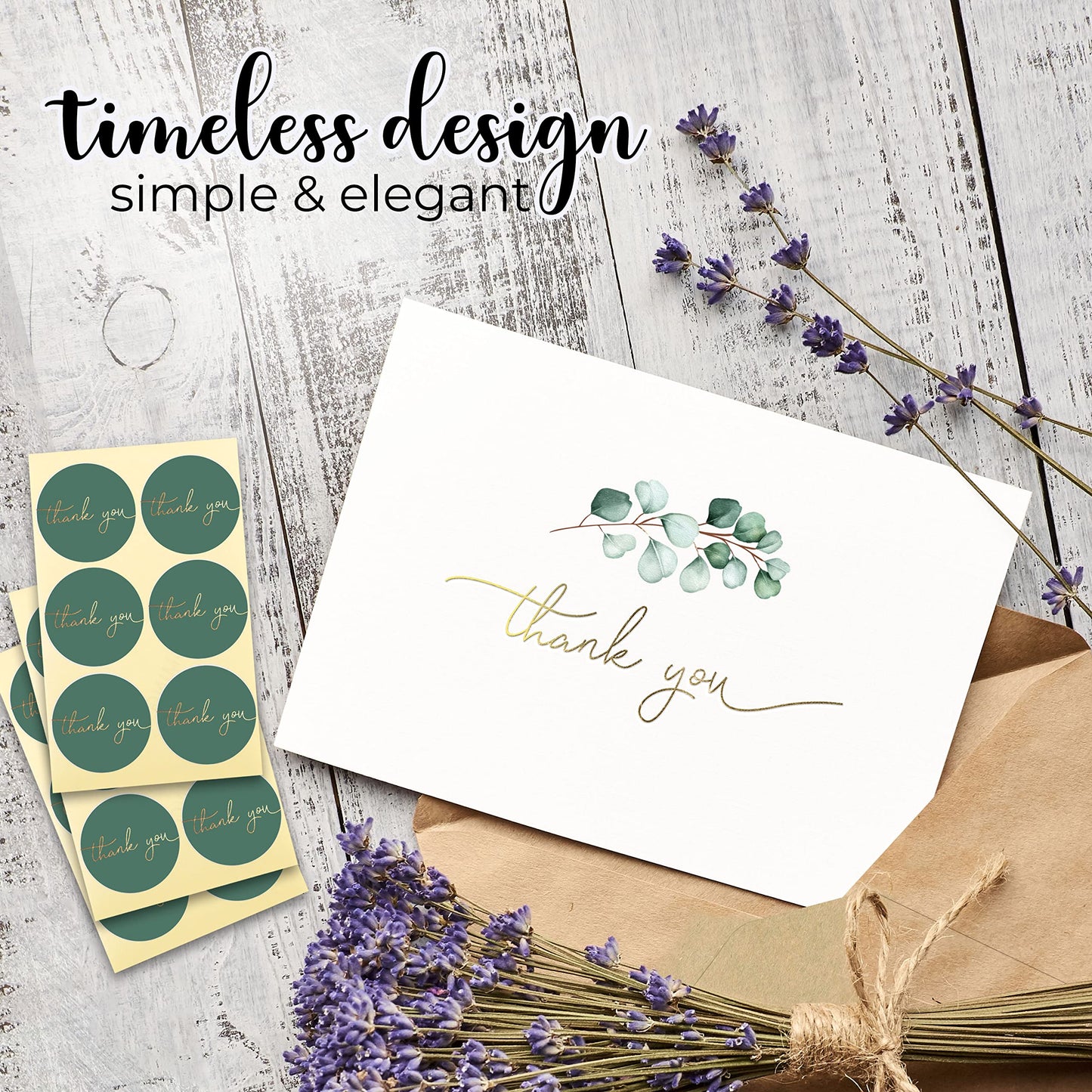 100 Heavyweight Blank Thank You Cards with Envelopes for a Personal Touch, Eucalyptus Thank You Card for Any Occasion, Wedding, Bulk Pack Card with Envelopes & Stickers (3.7 x 5.1 Inches) (100 Pack)