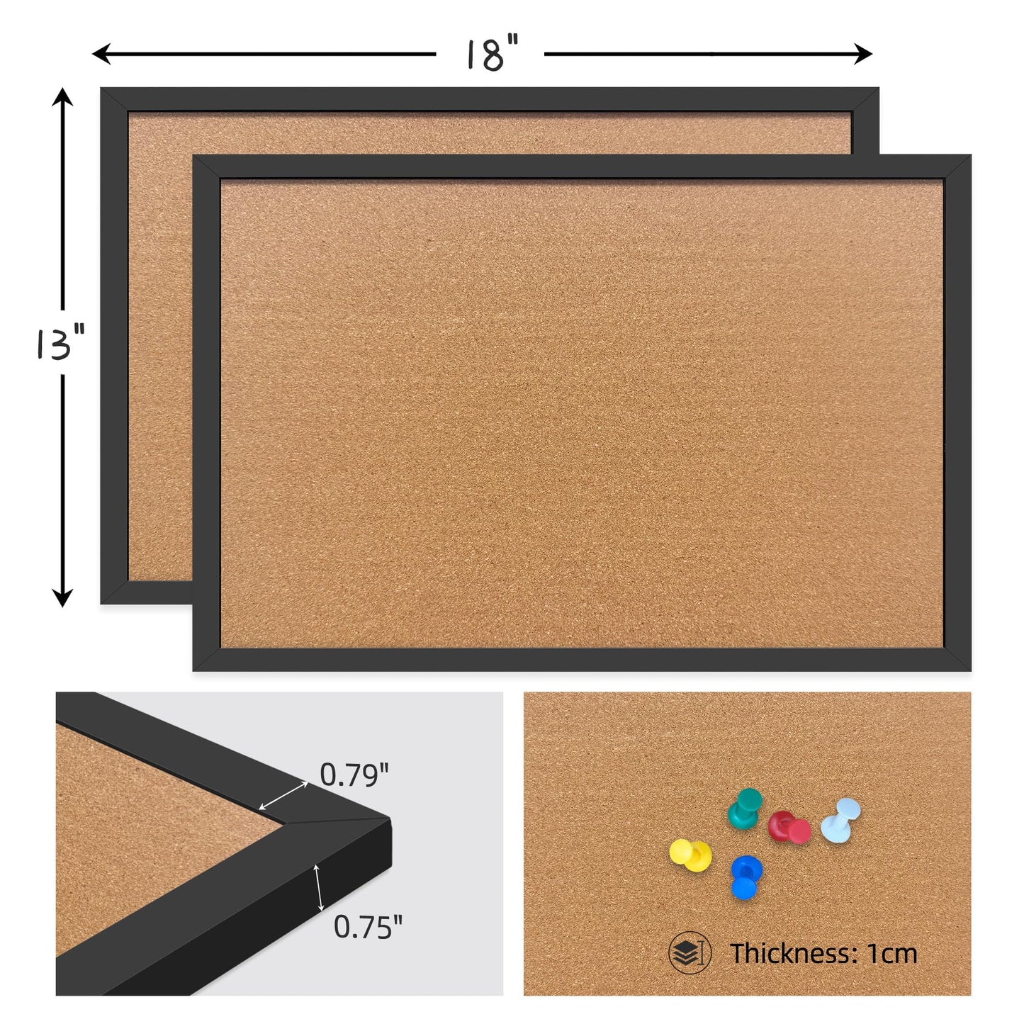 Yunihome Cork Bulletin Board, 13''x18''-2pack Hanging Cork Board Wooden Framed with Pins for Wall, Dorm Room, Office, Home Decor – Natural Cork & Black Frame