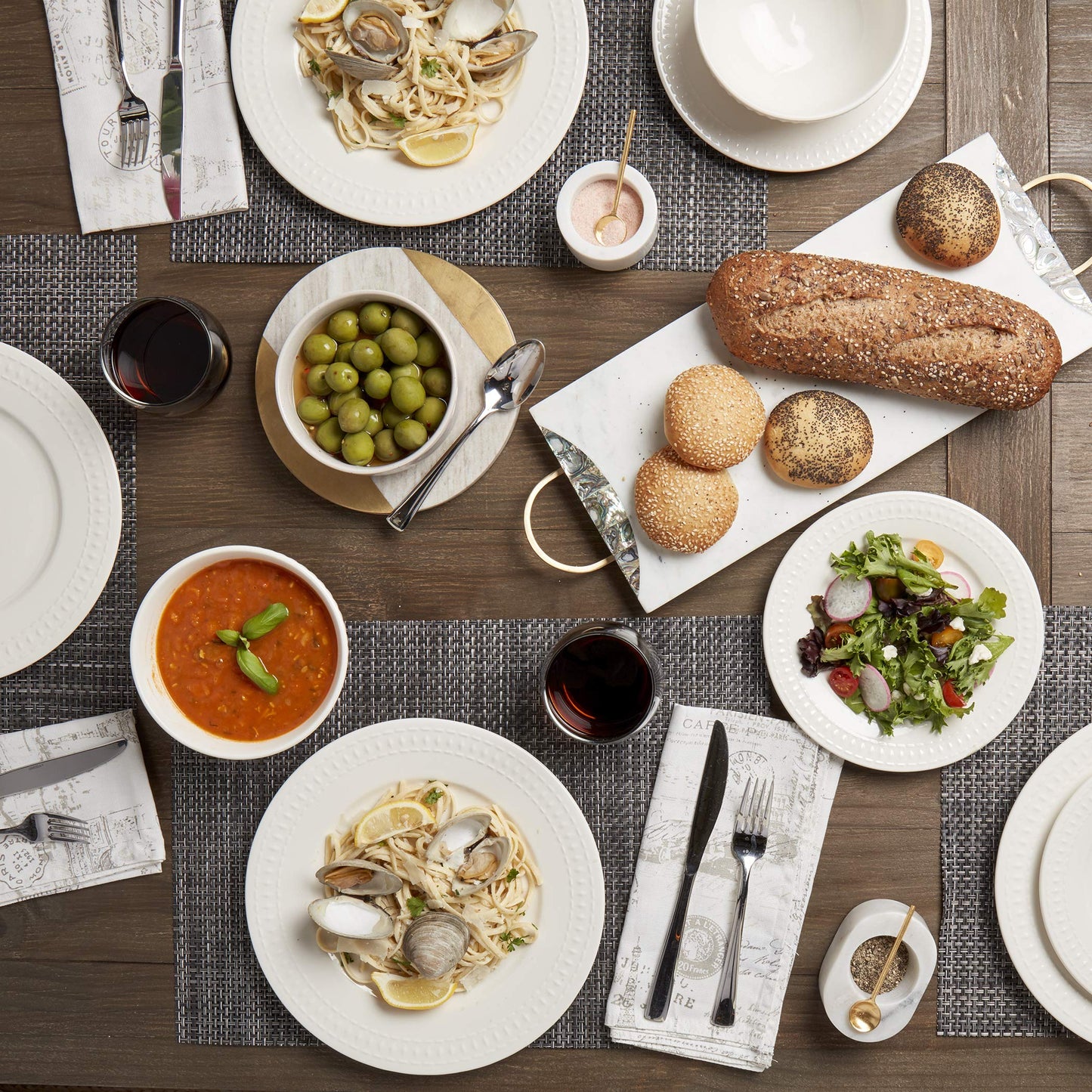 Tabletops Gallery Embossed White Porcelain Round Dinnerware - Bloom 12 Piece Dinnerware Set