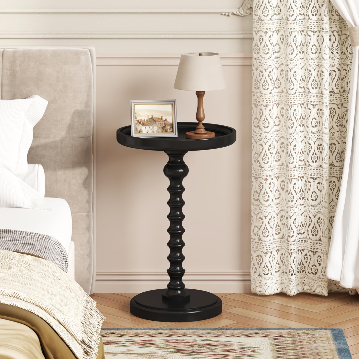 Yusong Round Side Table, Small Drink Table for Small Spaces, Industrial End Table, Accent Nightstand Bedside Table for Living Room, Bedroom, Sofa Couch,Black