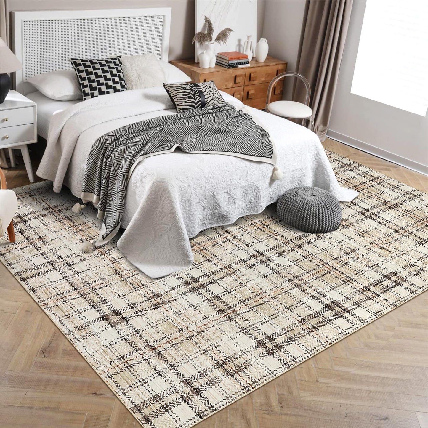 GarveeHome Washable Area Rugs 5x7 Rug for Living Room Modern Plaid Rugs for Bedroom Non Slip Farmhouse Ultra Soft Rugs Non Shedding Stain Resistant Carpet for Nursery Office Beige 5 ft x7 ft
