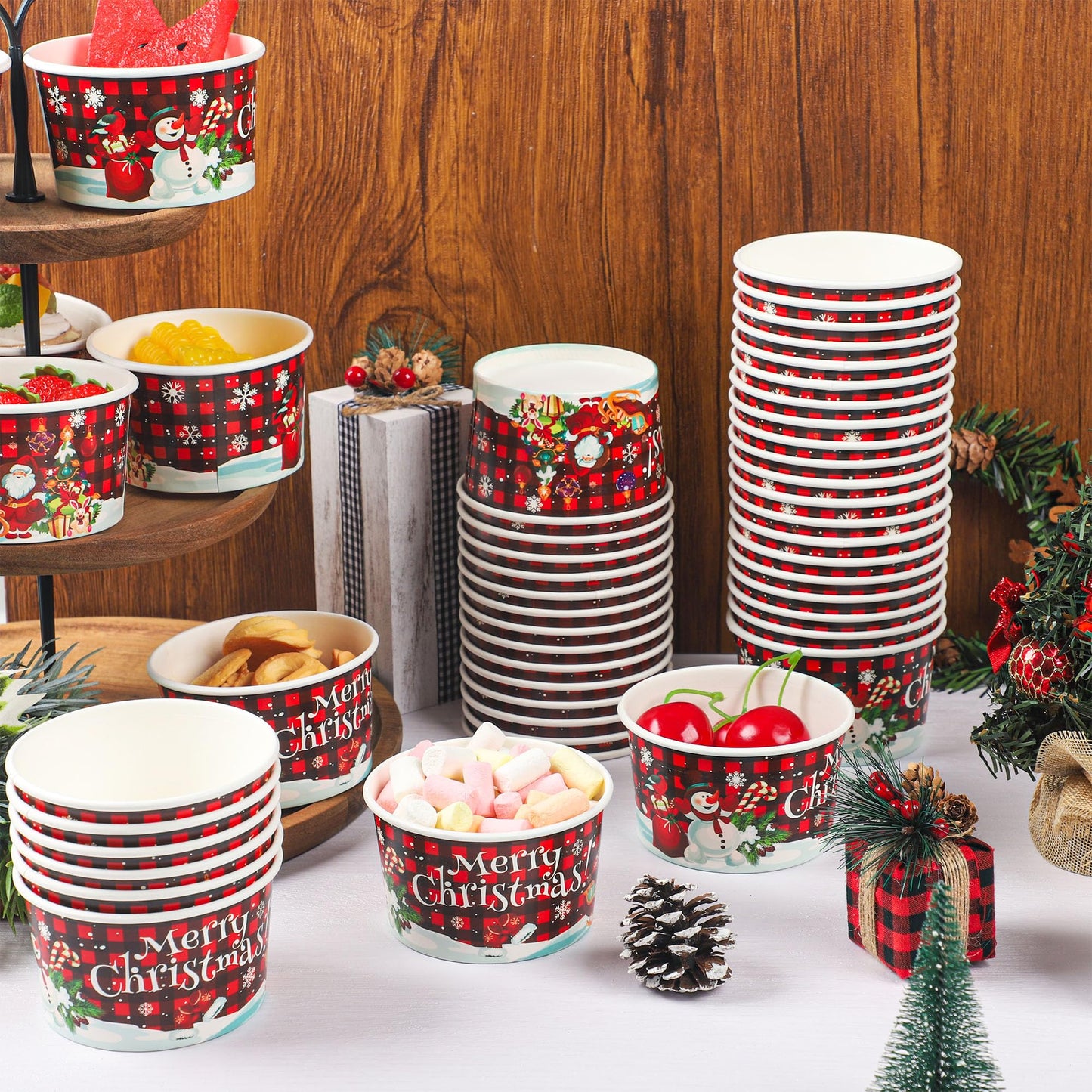 50 PCS Christmas Snack Bowls 9 oz Paper Ice Cream Cups Christmas Disposable Treat Cups Dessert Bowls Plaid Snack Paper Cups Snowman Santa Bowls for Holiday Treat Dessert Cakes Candy Party Supplies