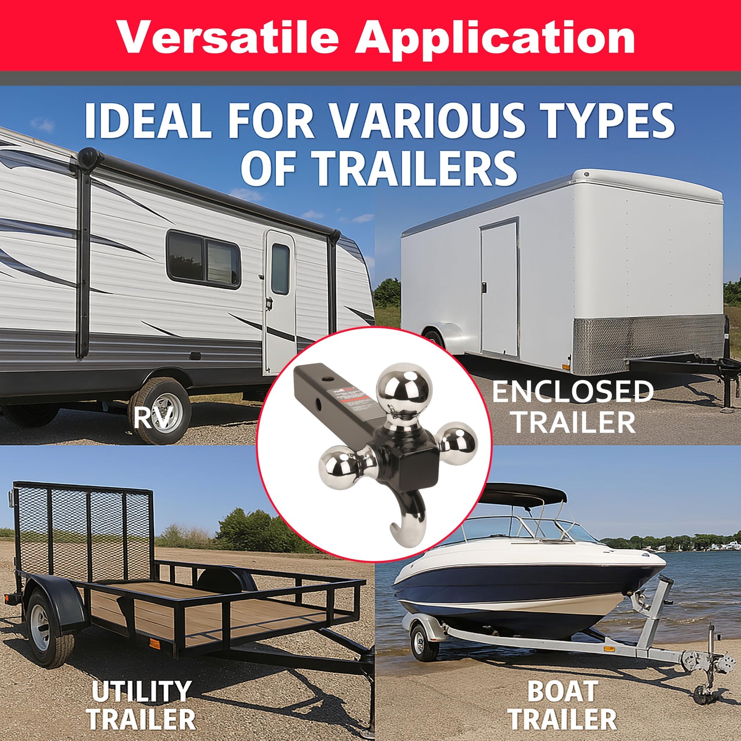 PEAKTOW Class III/IV 2 inches Trailer Hitch Ball Mount with 1-7/8”, 2”, 2-5/16” Triple Chrome Plated Balls and Hook, 10,000 lbs. Capacity, with 5/8 Inch Pin