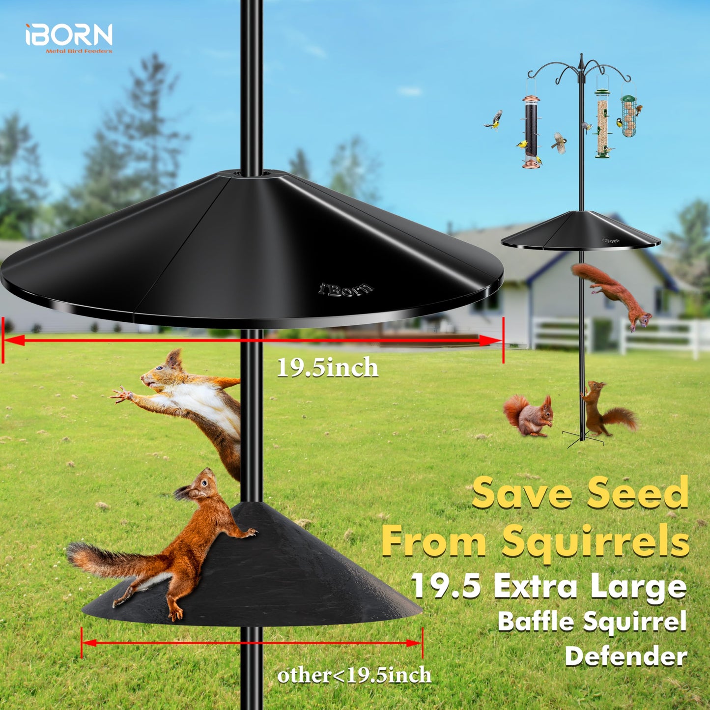 iBorn Squirrel Baffle for Bird Feeder Pole, 19.5” Oversized Guard Baffle, Squirrel Defender, Bird Feeder for Outdoors Protector, Polycarbonate(PC), Pack of 1, Black