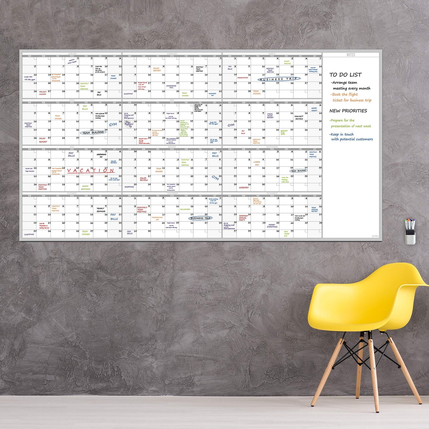 Large Reusable Dry Erase Yearly Wall Calendar Whiteboard- 38"x72" Jumbo Laminated 12 month Task Organizer - Undated Annual Schedule Planner for Home, Office, School Projects