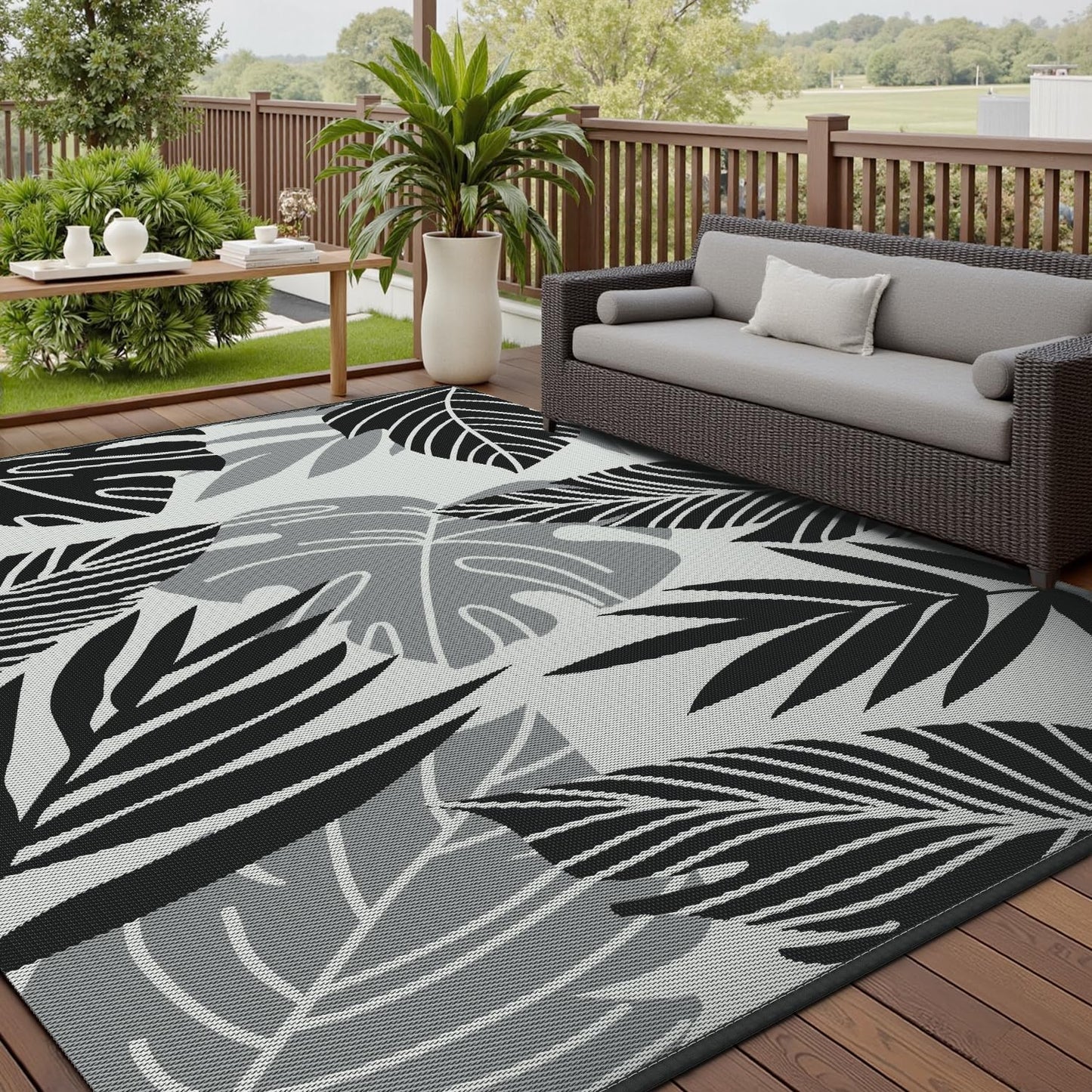 Outdoor Rug-Patio Rug 6x9 ft Waterproof Outdoor Carpet Reversible Portable Outdoor Patio Rugs Camping Mat for Patio Camping Rv Picnic Backyard Deck Balcony Beach Rug,Grey & Black