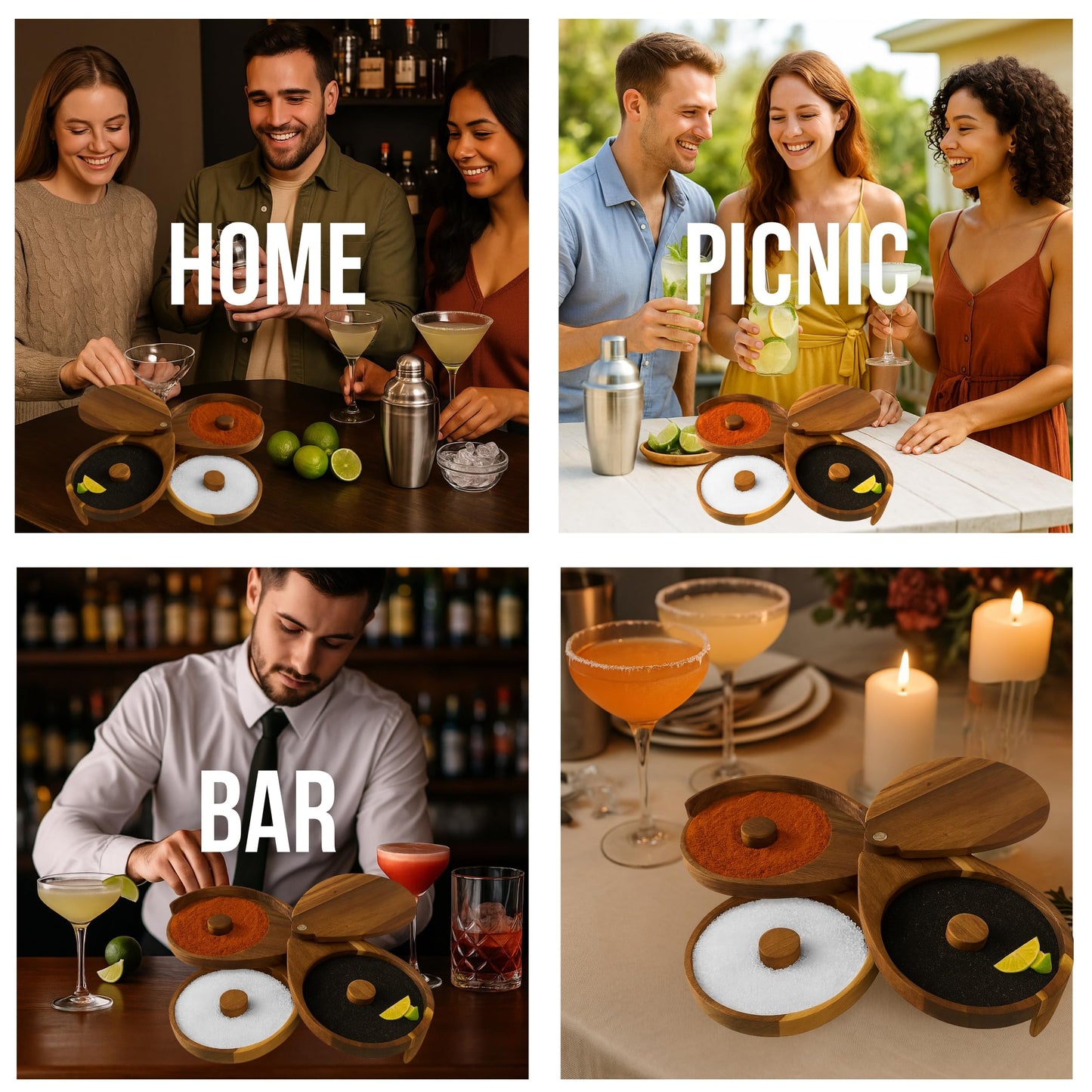 3-Tier Margarita Salt Wood Rimmer Tray Set – Brown Acacia Wood Cocktail Rimmer with Lid Includes 3 Sponges for Sugar Rimmer for Cocktails Rim Salt for Cocktails Margarita Gift Sets