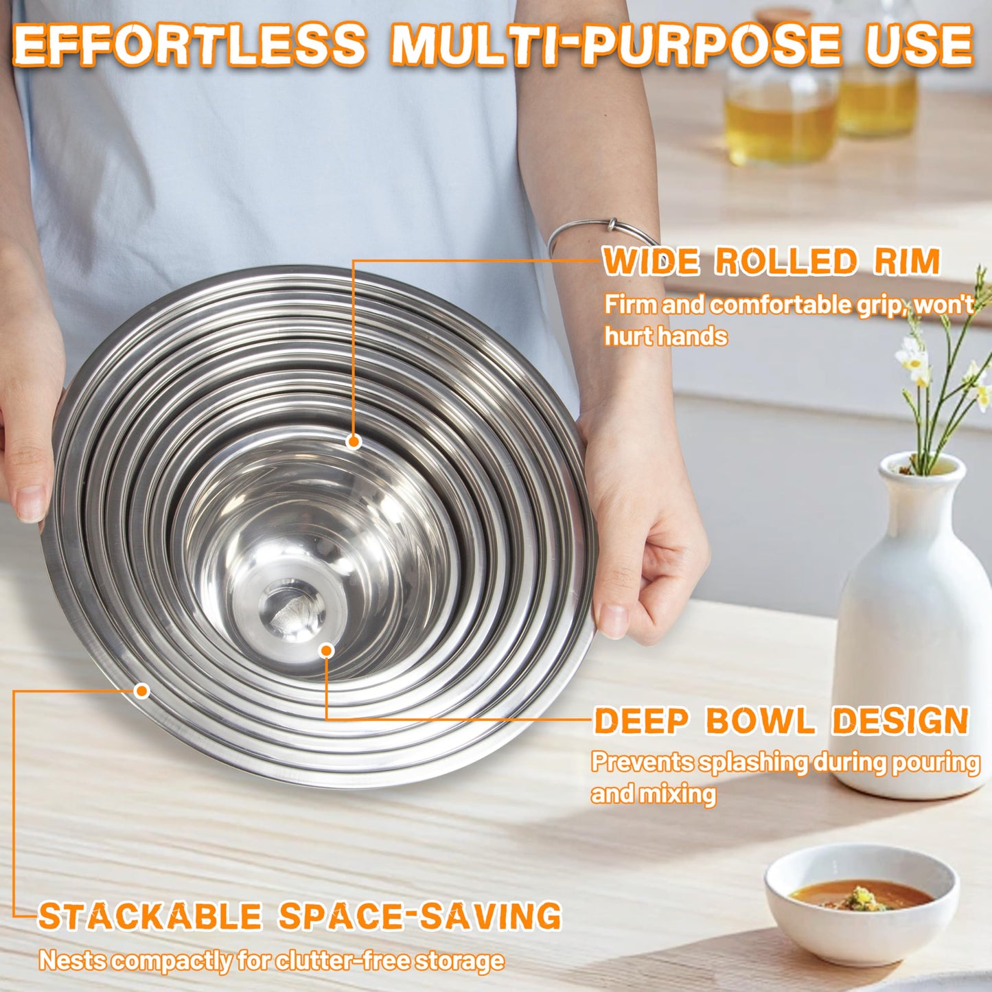 Mixing Bowls with Airtight Lids for Kitchen, 7 Piece Stainless Steel Metal Nesting Storage Bowls, 3 Grater Attachments, Size 4.5, 3.6, 2.7, 2.1,1.7, 1.1,0.7QT for Mixing, Baking & Serving Food
