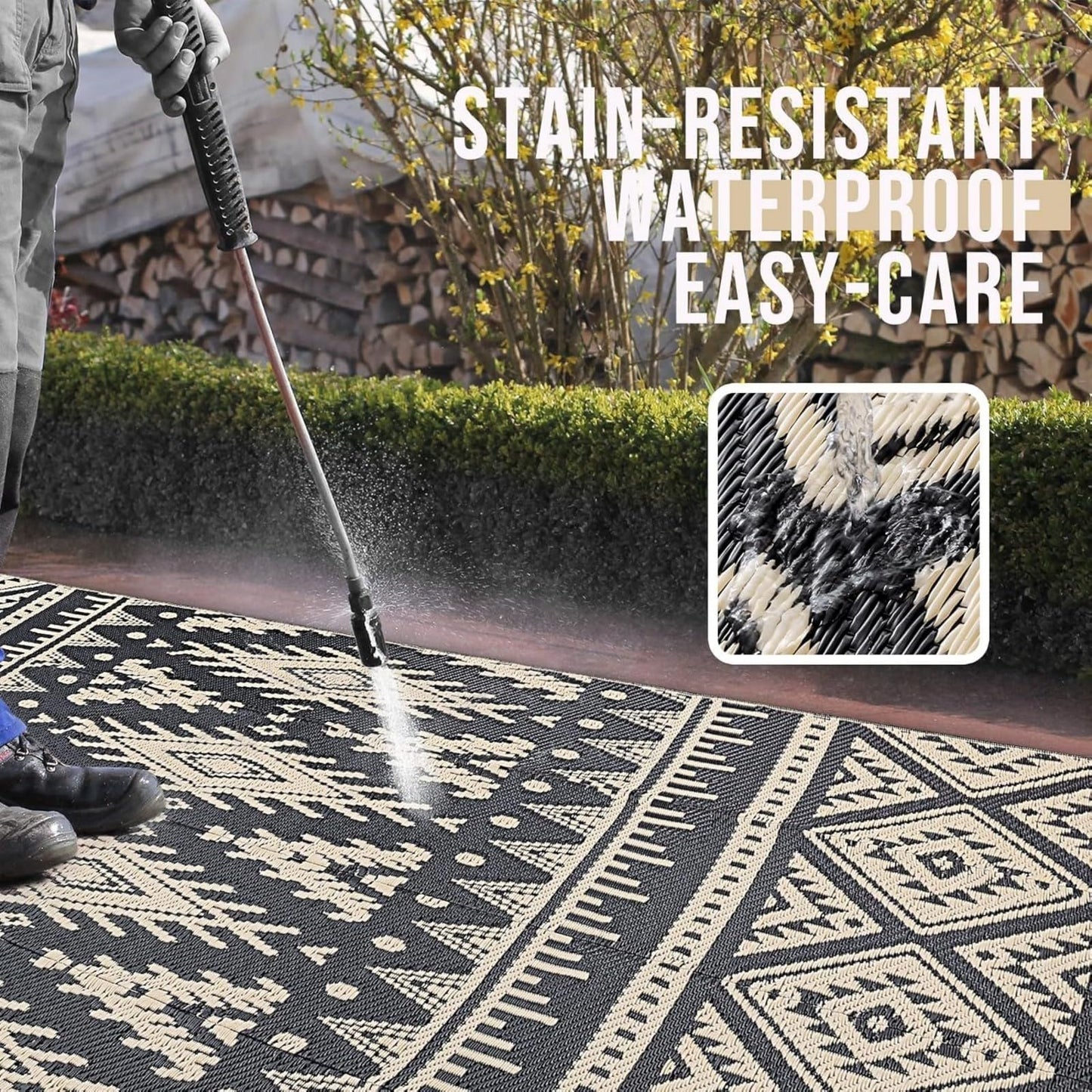 OLANLY Waterproof Outdoor Rug 5x8 ft, Reversible Plastic Straw Patio Camping Rugs, Large Foldable Outdoor Carpet Deck Rugs for Patio, RV, Outside Entry, Backyard, Bench, Picnic, Black & Beige