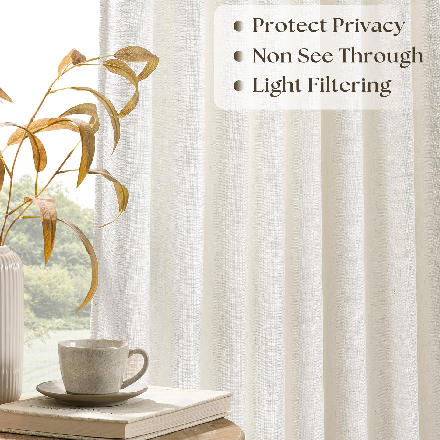 Extra Wide Linen Curtains 90 Inches Long 70 Inch Wide for Living Room Bedroom Light Filtering Cream Natural Pinch Pleated Curtains Neutral Boho Hooks Rings Back Tab Sliding Glass Door 70Wx90L 1 Panel