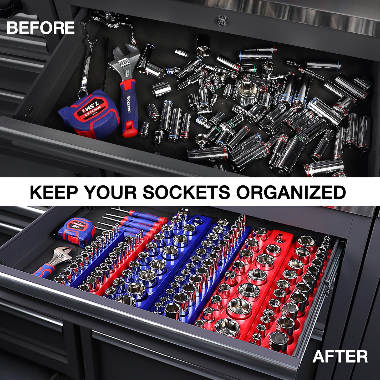 WORKPRO Magnetic Socket Organizer Set, 4-Piece Socket Holder Set Includes 1/4", 3/8" Drive Metric & SAE Socket Trays, Holds 108 Pieces Standard and Deep Size Sockets (Sockets not Included)