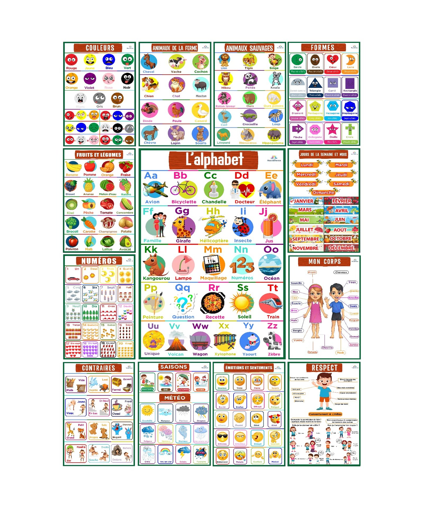 Recto Verso | 18 [36 total] English/French Double-Sided Bilingual Educational Preschool Posters for Toddlers & Kids Kindergarten Classroom Homeschool Learning Tool | Alphabet, Numbers & more
