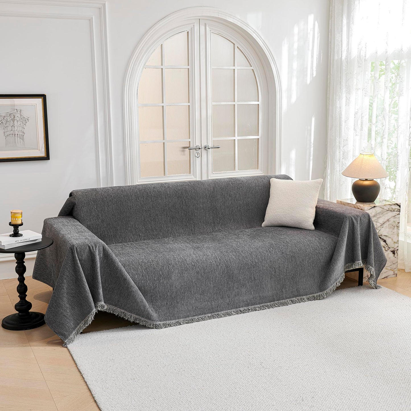 MYSKY HOME Couch Covers Sofa 2 Seat, Non-Slip Soft Sofa Slipcover Furniture Protector, Washable Futon Covers, Chenille Fabric Pet Friendly for Dogs, 71" x 118", Dark Grey