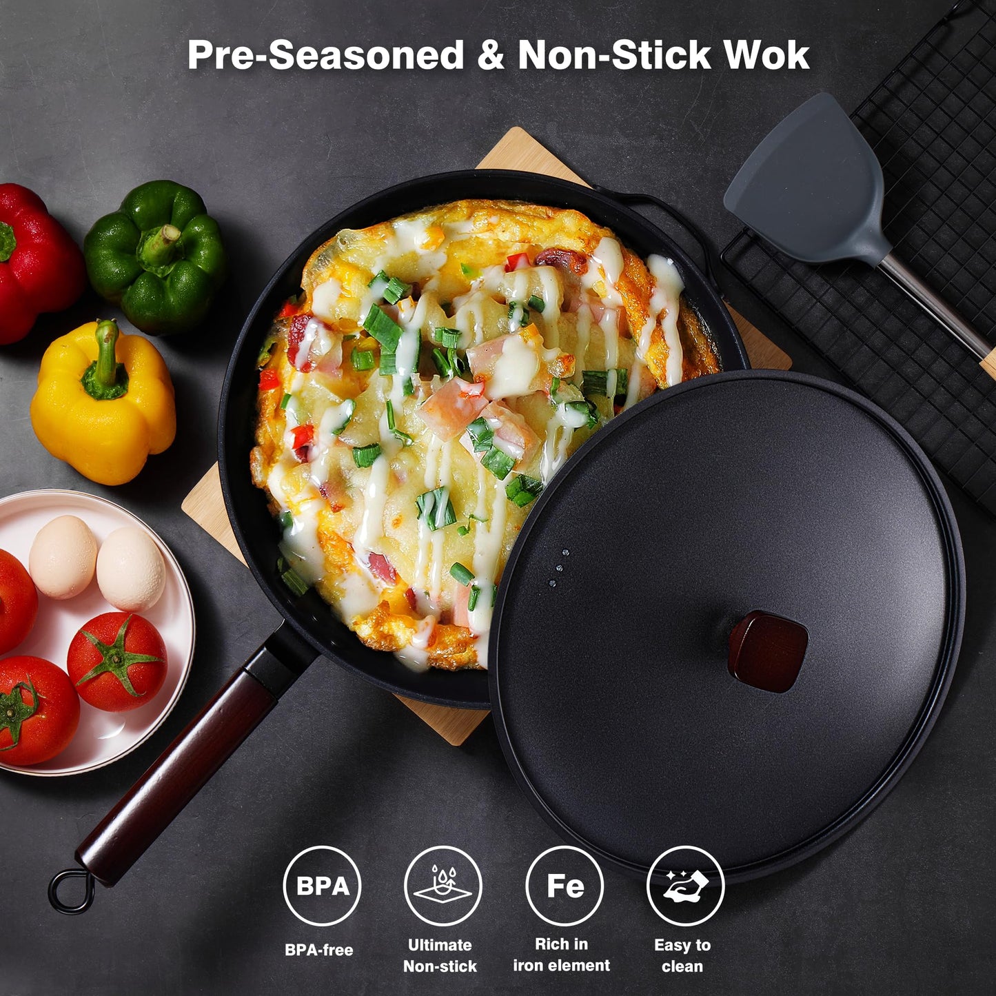Teewe Carbon Steel Wok -13 Inch Woks & Stir-Fry Pans Nonstick, Wok Pan with Lid Spatula and Dish Brush: Pre-Seasoned Flat Bottom Chinese Wok for Induction, Electric, Gas, All Stoves