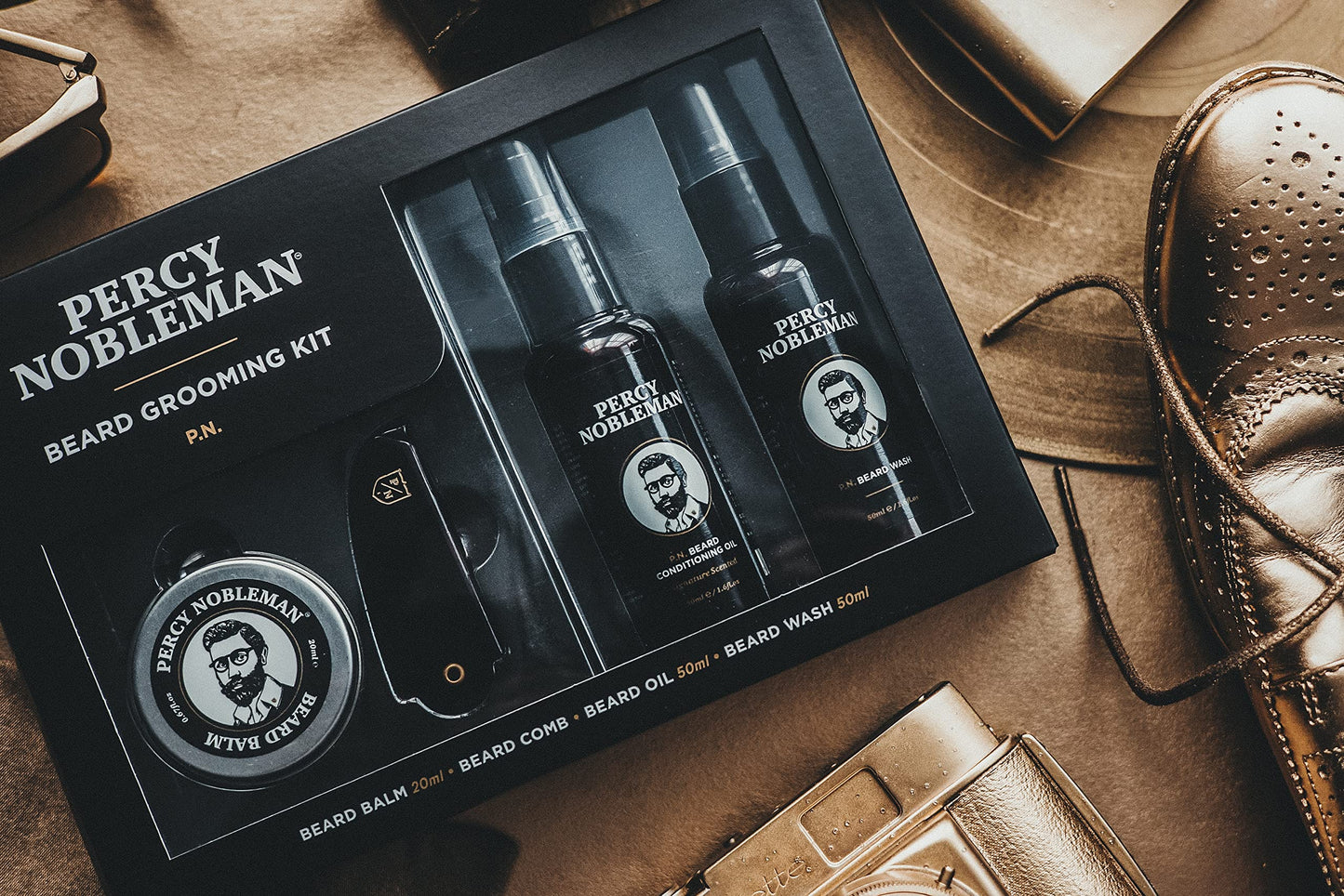 Percy Nobleman Beard Grooming Kit. Signature Scented Beard Oil 50ml. Beard Wash 50ml. Beard Balm 20ml. Beard Comb.