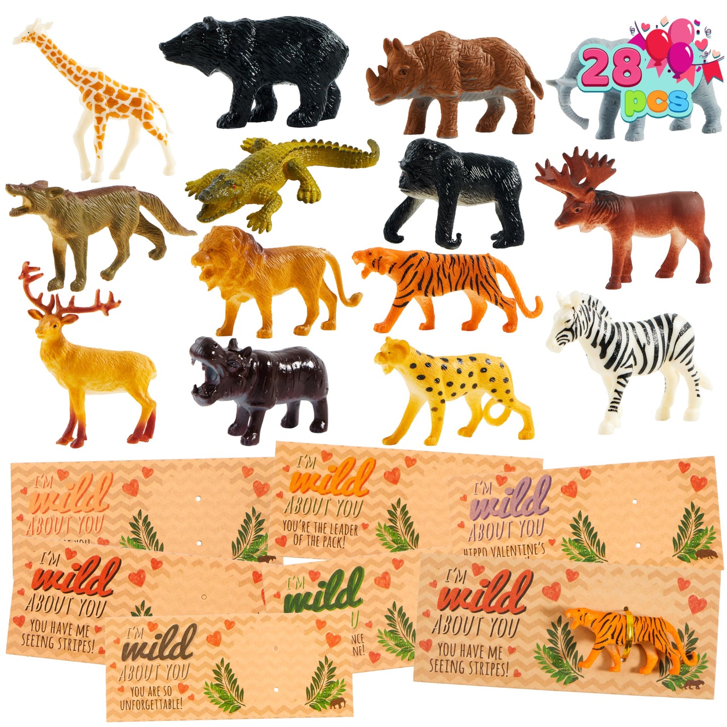 JOYIN 28Pack Valentines Day Cards with Zoo Animals Toys for Boys Girls Classroom Exchange