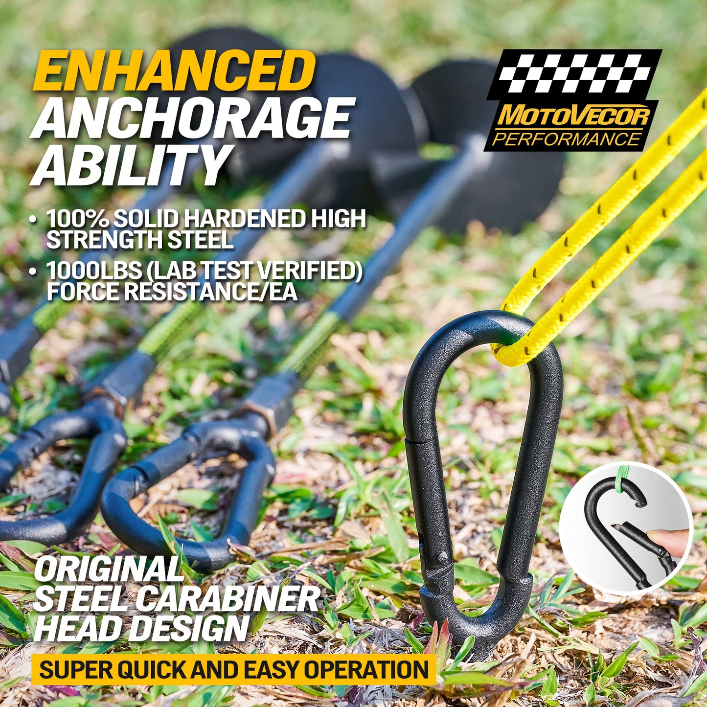 18” Heavy Duty Ground Anchors Screw in(1000lbs), Swing Set Earth Anchors Made with Tungsten Steel, Detachable Carabiner Design, High Wind Trampoline Stakes for Trees, Camping Tents, Canopies, Sheds