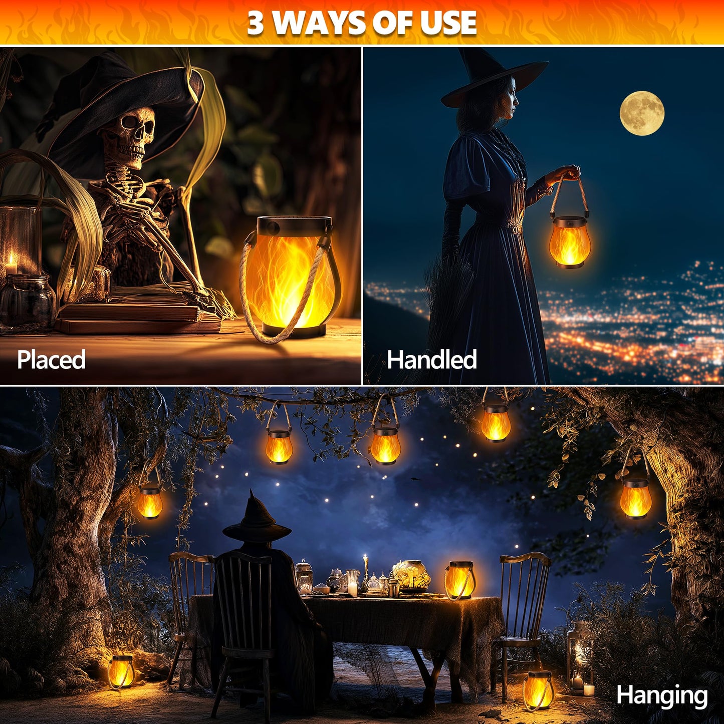 iBaycon 2 Pack Solar Lanterns Lights, Halloween Flickering Flame Garden Lights with 2 Modes Dual Charging USB & Solar, Outdoor Waterproof Hanging Lantern for Party Holiday Halloween Decor (Warm White)