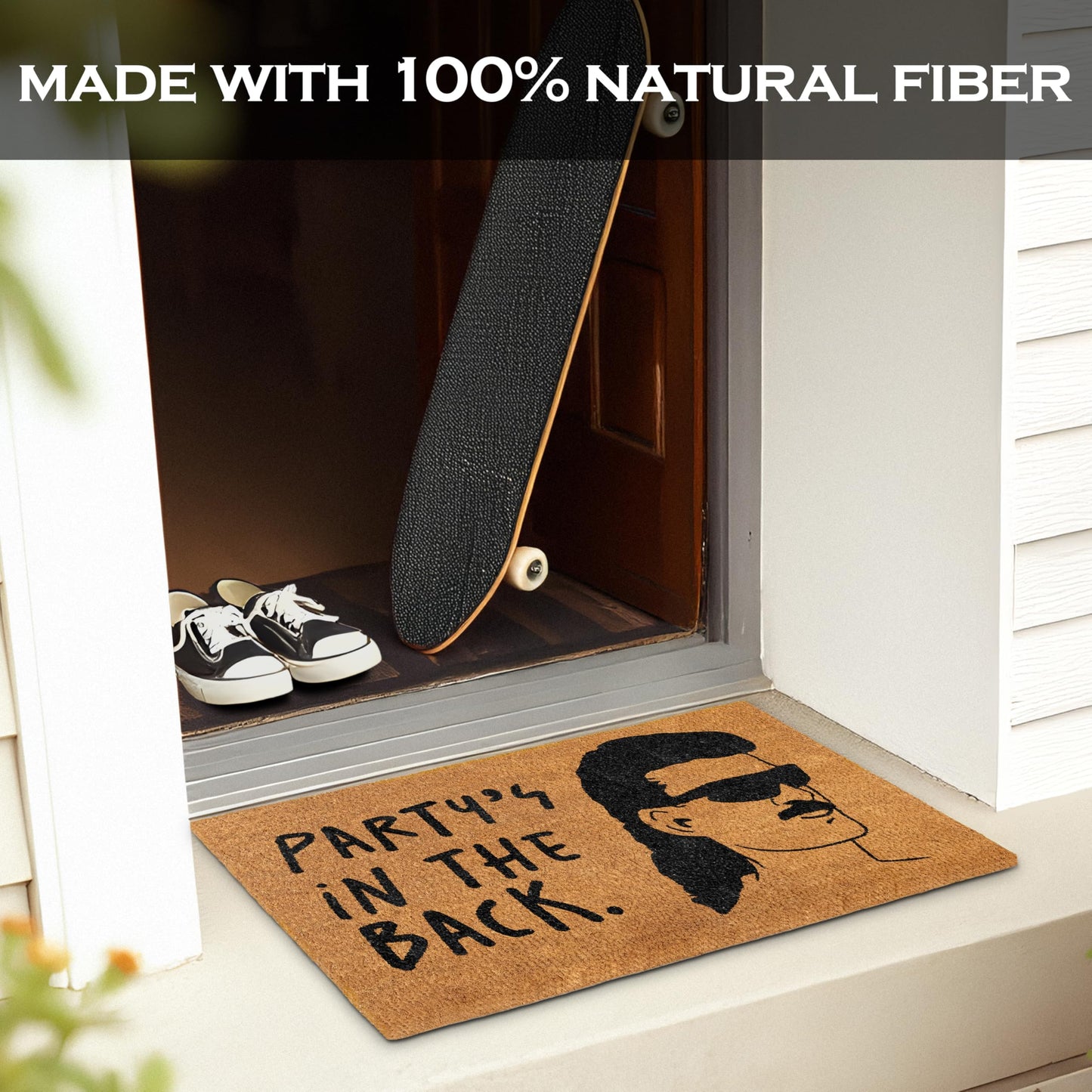Party's in the Back Door Mat 30x17 Inch, Welcome Mat Funny for Covered Outdoor Area, Coir Doormat Decor w/Non-Slip PVC Backing