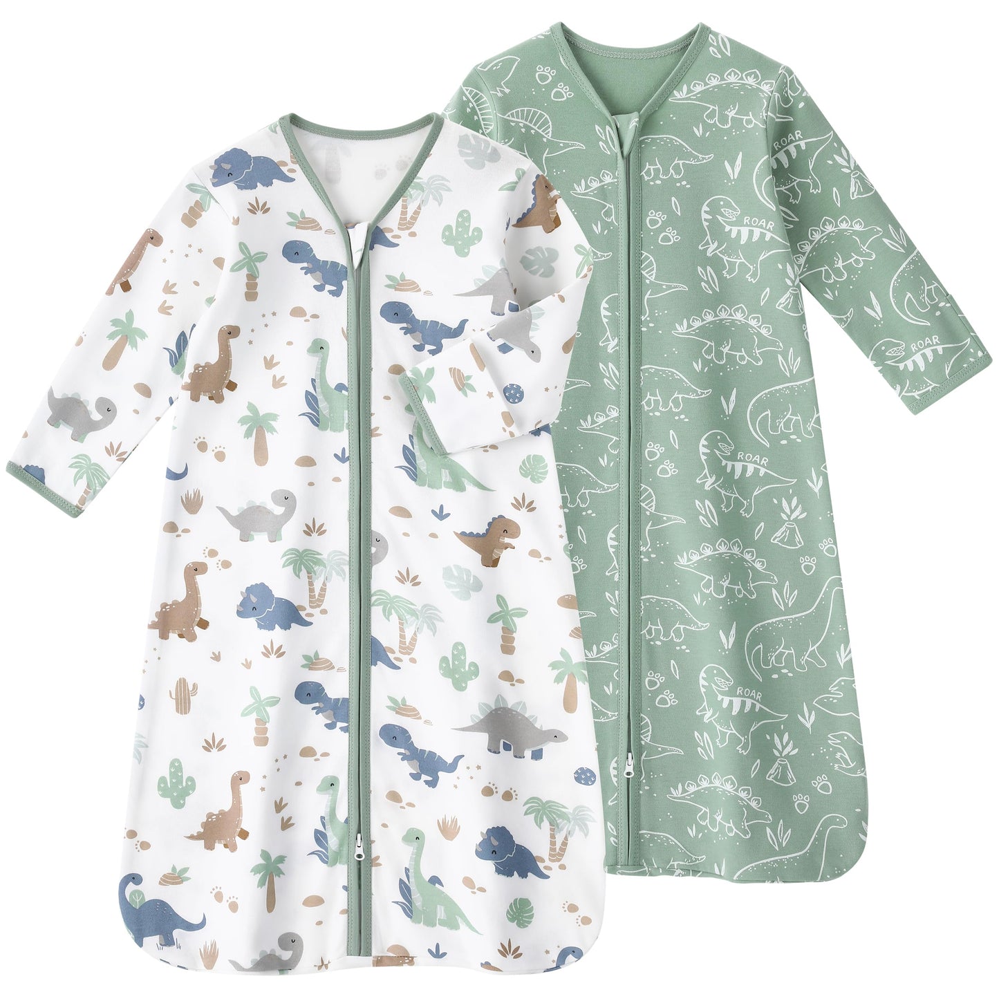 FIEMOL Baby Sleep Sack 0-6 Months, Long Sleeve Baby Sleeping Bag 0.5 Tog with Mittens, Newborn Cotton Wearable Blanket Gigoteuse Green Dinosaur 2 Pack(Small)