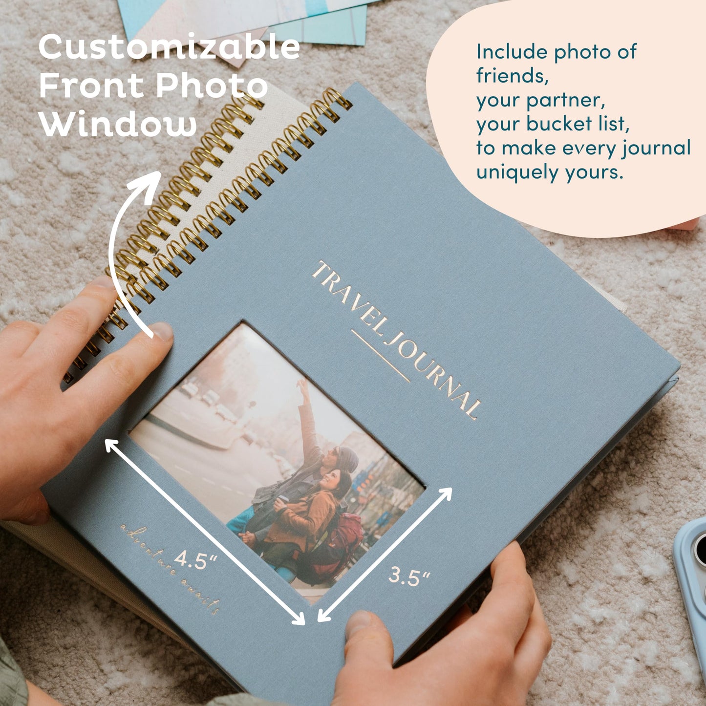 Nook Theory Personalized Travel Journal for Women, Men - Linen Travelers Notebook, Adventure Book with Prompts, Perfect for Travel Gifts (Indigo)