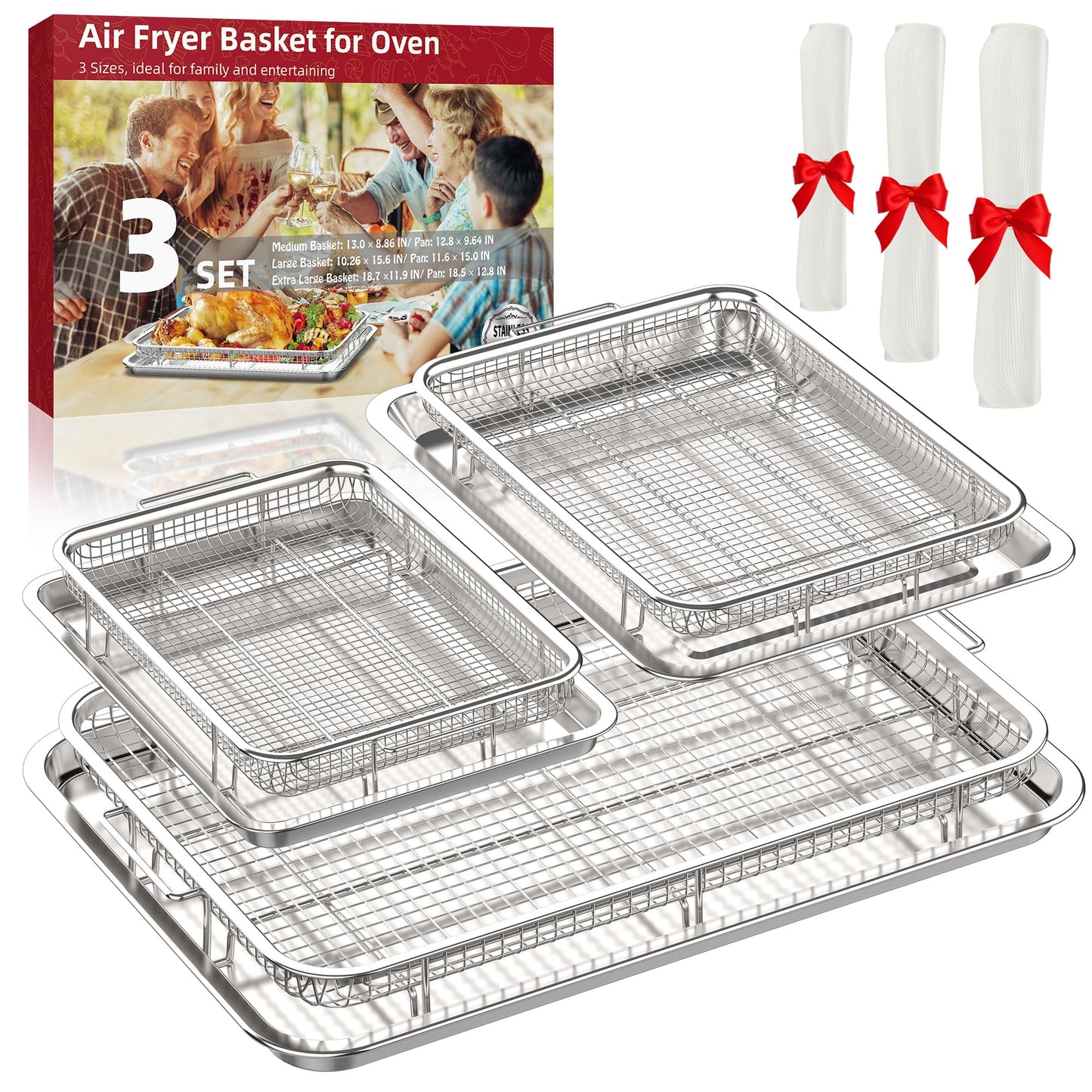 Oven Air Fryer Basket and Tray, OPENICE 3 Set Air Fryer Basket for Oven, Stainless Steel Air Fryer Pans and Crisper Basket for Baking and Crispy Food - 18.7" x 12.8", 15.6" × 11.6" & 12.8" × 9.6"