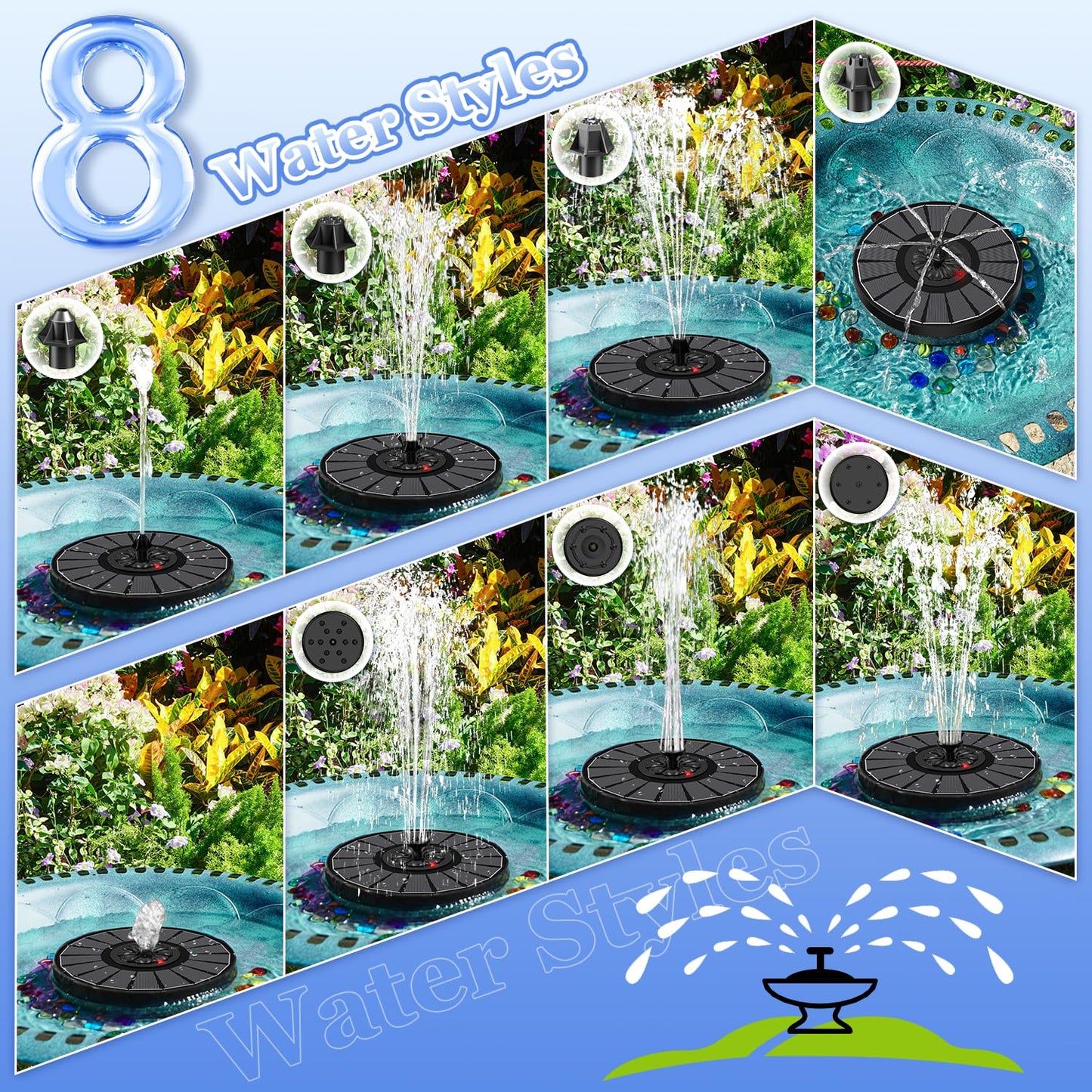 Yzert Solar Fountain with 2000mah Battery & Innovative Indicator, 3.5 W Glass Solar Water Fountain Works in Cloudy Day, Solar Fountain Pump for Birdbath,Garden, Outdoor, Pond