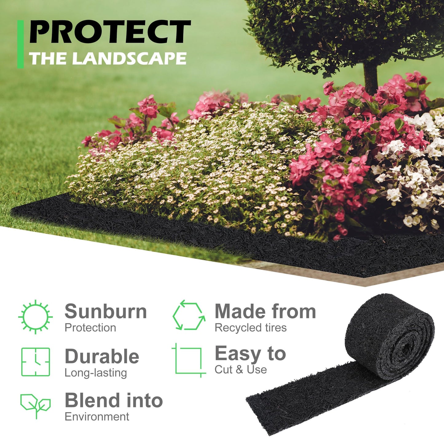 140'' x 5.5" Natural Mulch Roll for Landscaping - Black Double Sided Rubber Mulch Roll - Permanent Garden Edging Barrier Mat for Walkway Pathway Plants,Vegetables and Flowers