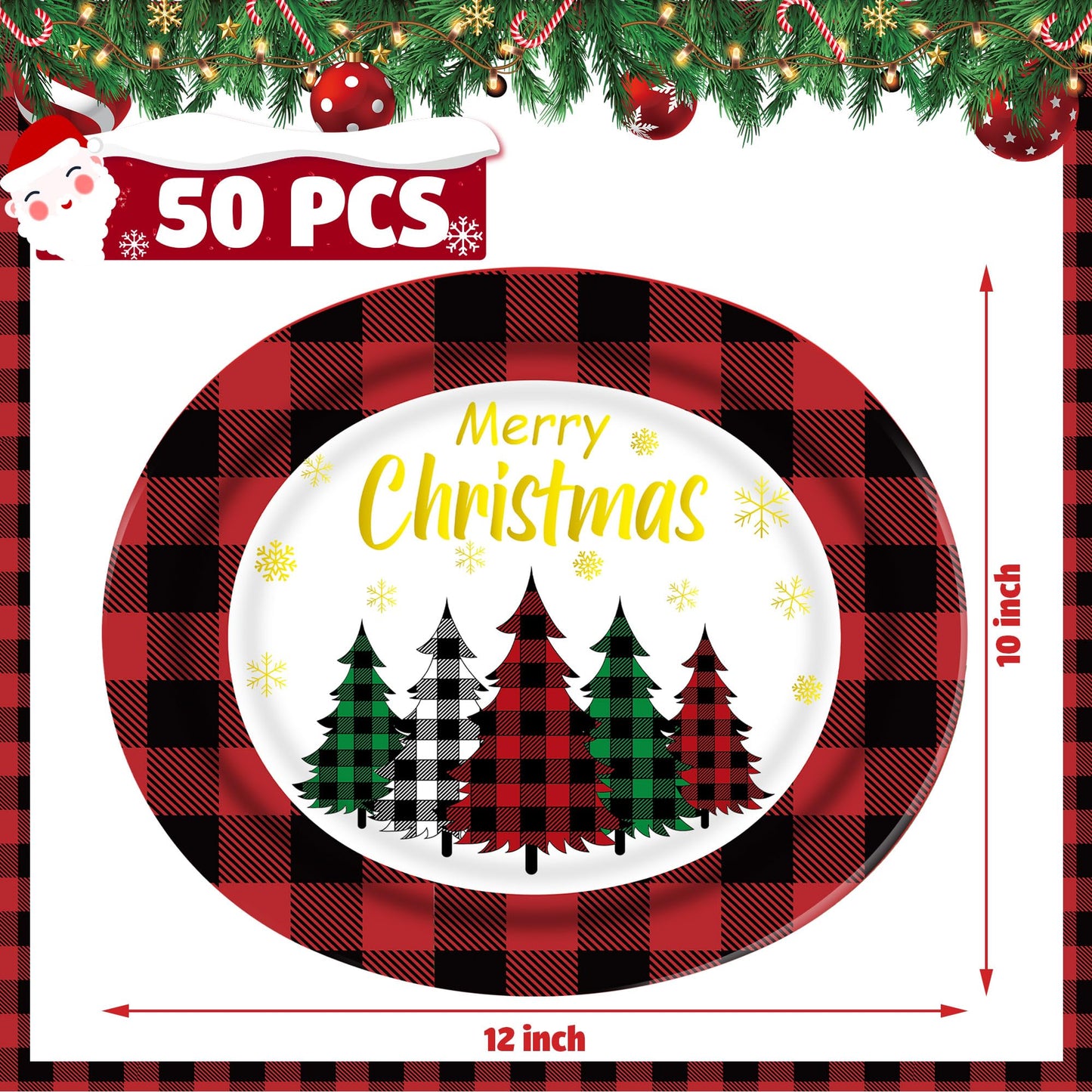 Christmas Paper Platters Disposable Christmas Trees Oval Party Plates 10" x 12" Large Buffalo Plaid Xmas Dinner Serving Platters for Xmas Party Supplies Dinnerware Table Decorations, 50 Pcs
