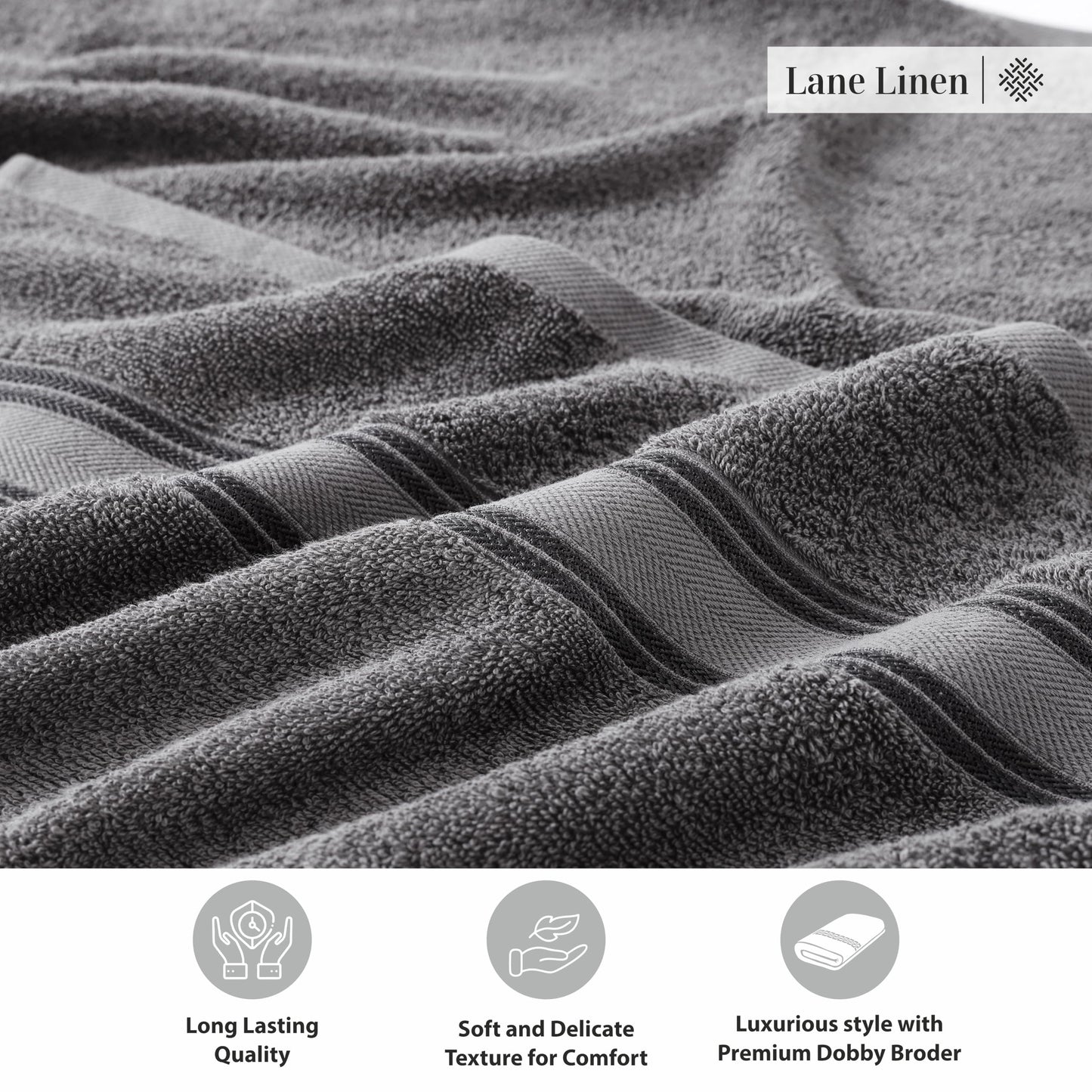 Lane Linen Bath Towels 4 Pack (30" x 60") - Zero Twist 100% Cotton Bathroom Towels, 450 GSM Soft & Aborbent Large Bath Towels, Quick Dry Shower Towels, Oversized Bath Towel Set - Cool Grey