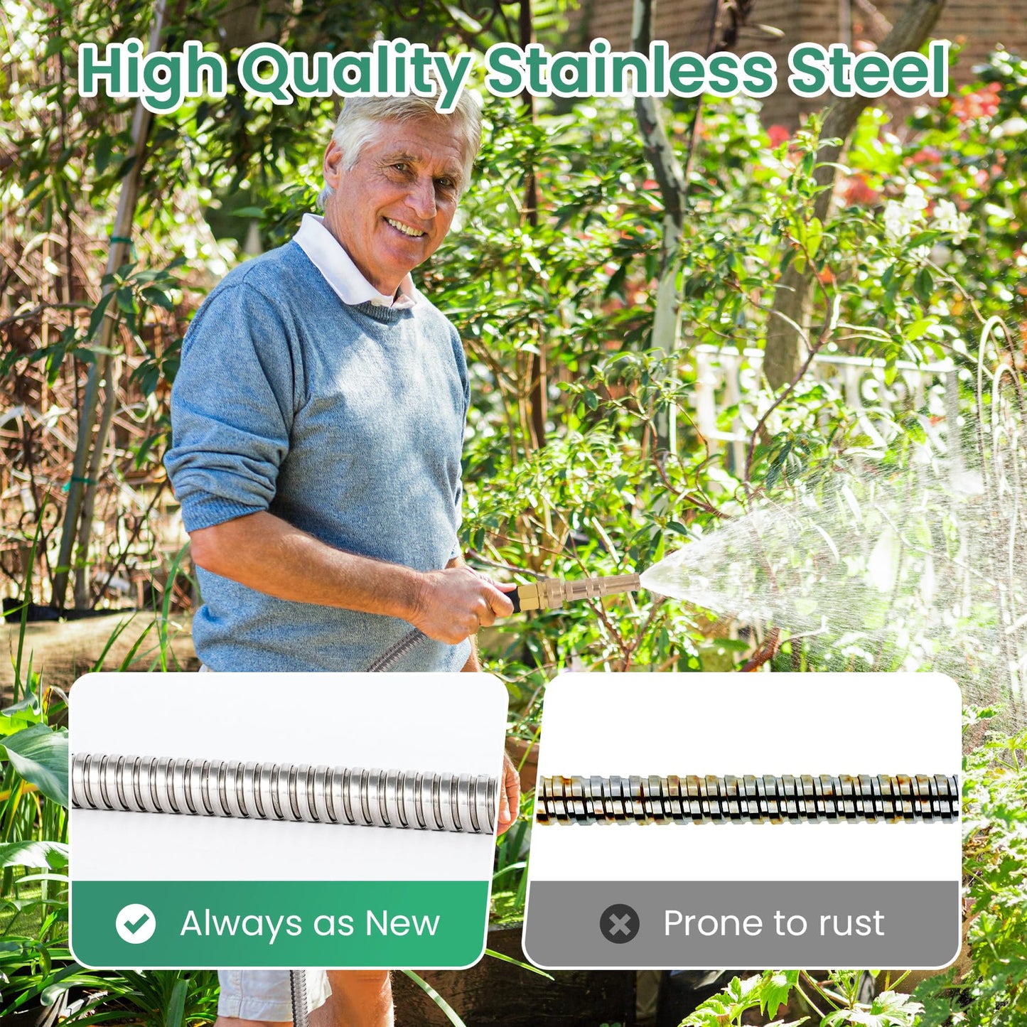 Cesun 50 Feet 304 Stainless Steel Metal Garden Hose with Solid Brass Nozzle, Lightweight Portable Durable Cool to The Touch, Flexible and No Kink, Tangle Puncture Resistant (50 Feet Upgraded)