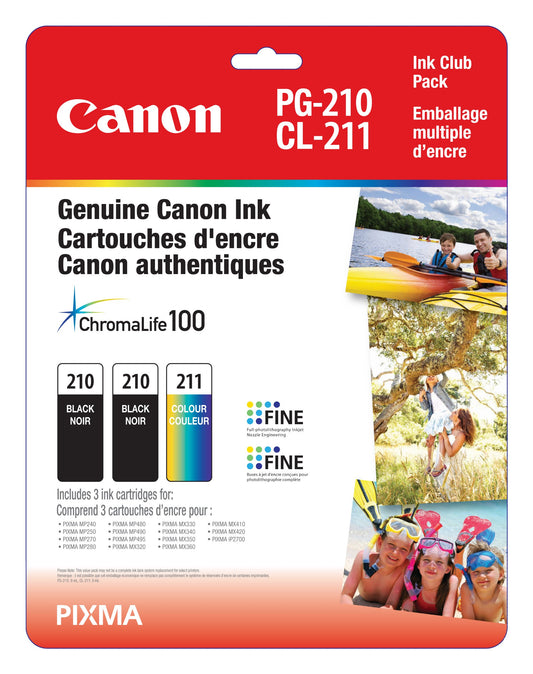Canon Genuine Canon PG-210 TWIN CL211 Ink Cartridge Club Pack, 2 Black and 1 Tri-Colour