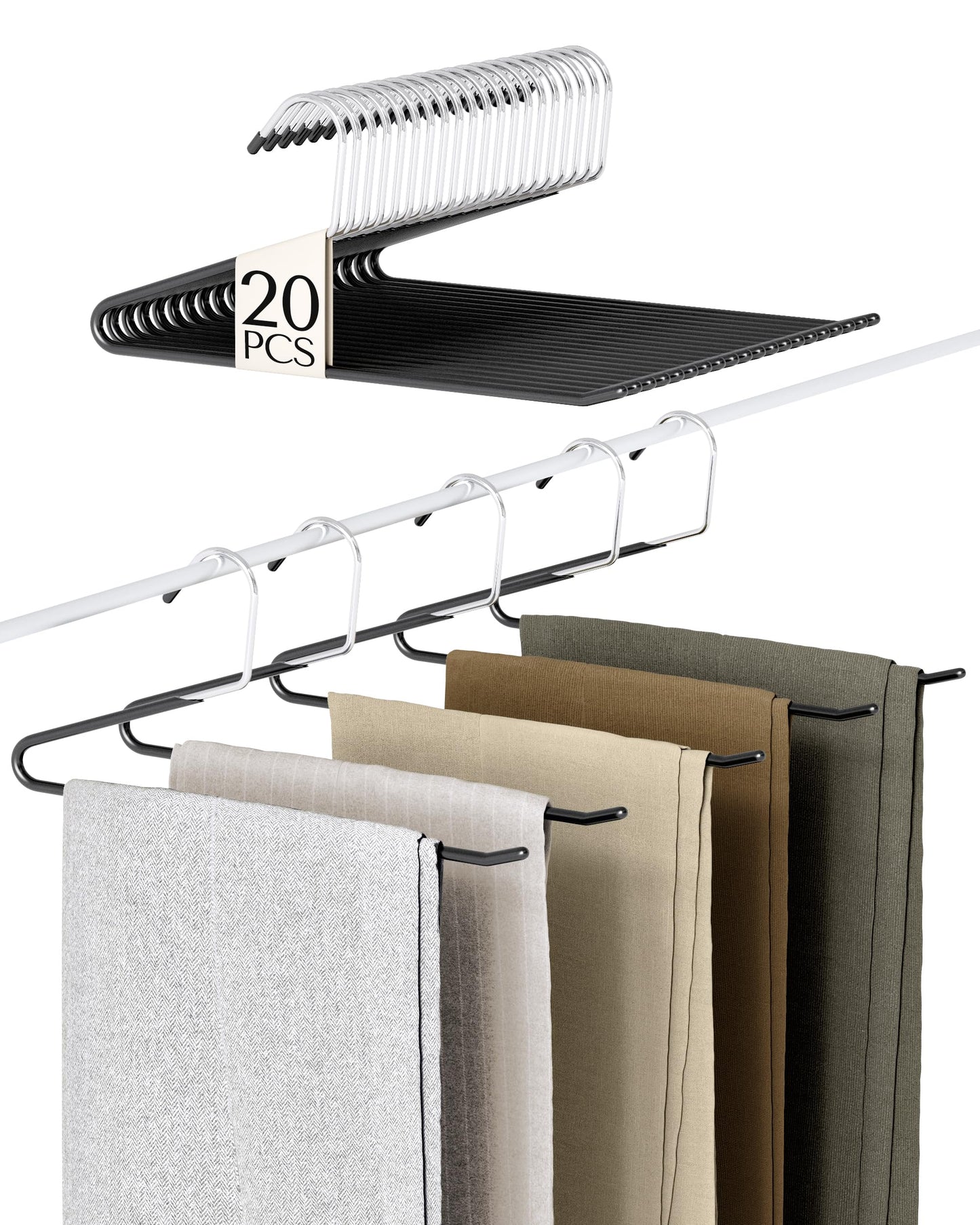 MORALVE Metal Pants Hangers Non-Slip - 20 Pack Open-Ended Space Saving Hangers for Jeans, Slacks, and Scarves - Durable Closet Organizers with Large Hooks for Easy Hanging (Black)