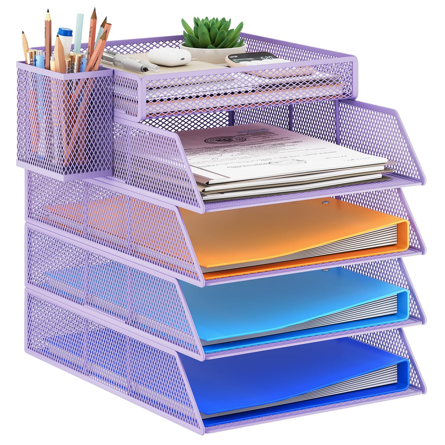 Marbrasse Desk Organizer with 1 Pen Holder, 5-Tier Stackable Paper Tray, Metal Mesh Desk Organizers and Storage for A4 Document, Paper Sorter, Letter Trays for School, Home, Office(Purple)
